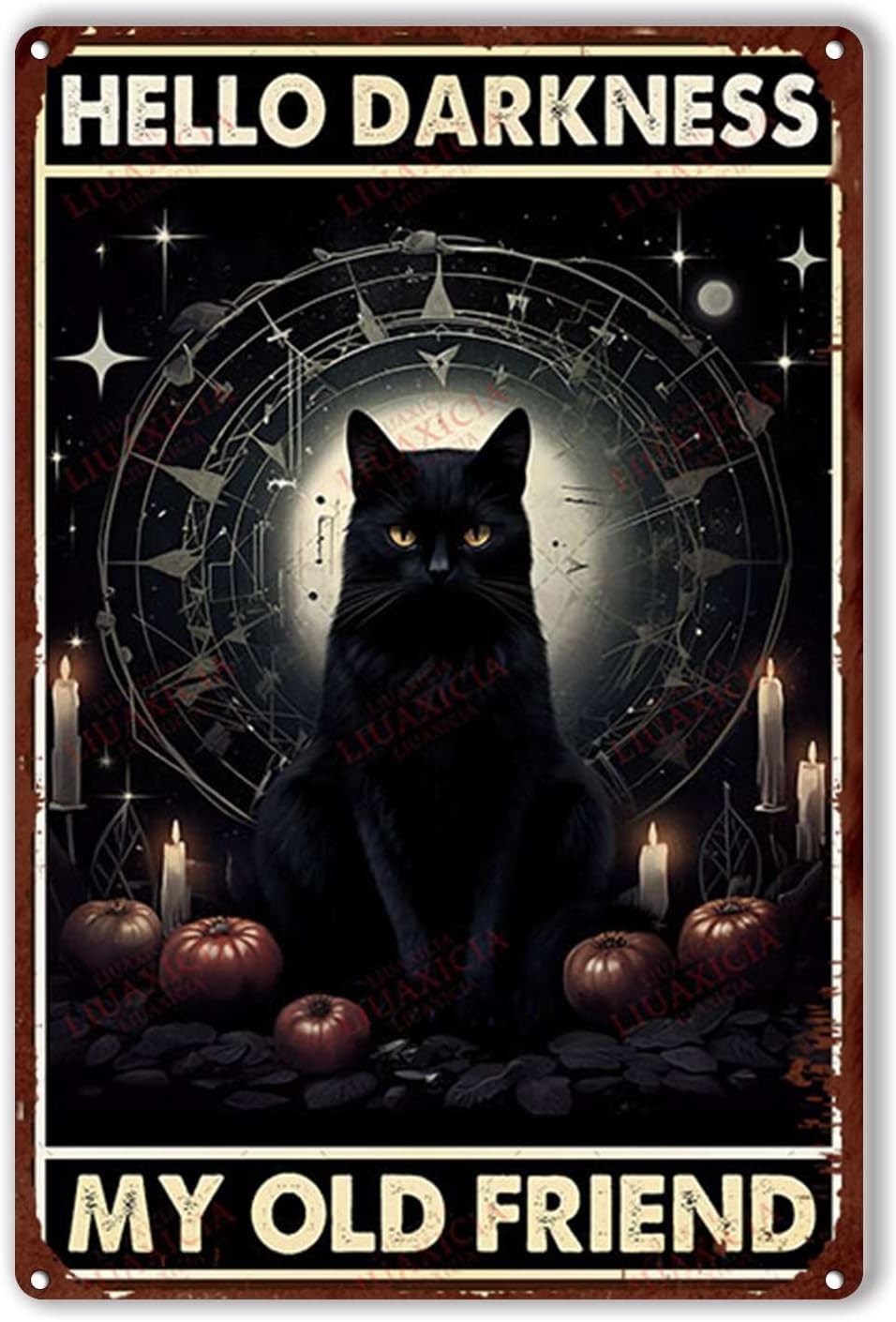 Cartel de metal de hojalata con diseño de gato negro, luna roja, brujas, Hello Darkness My Old Friend, decoración de fiesta vintage para sala de