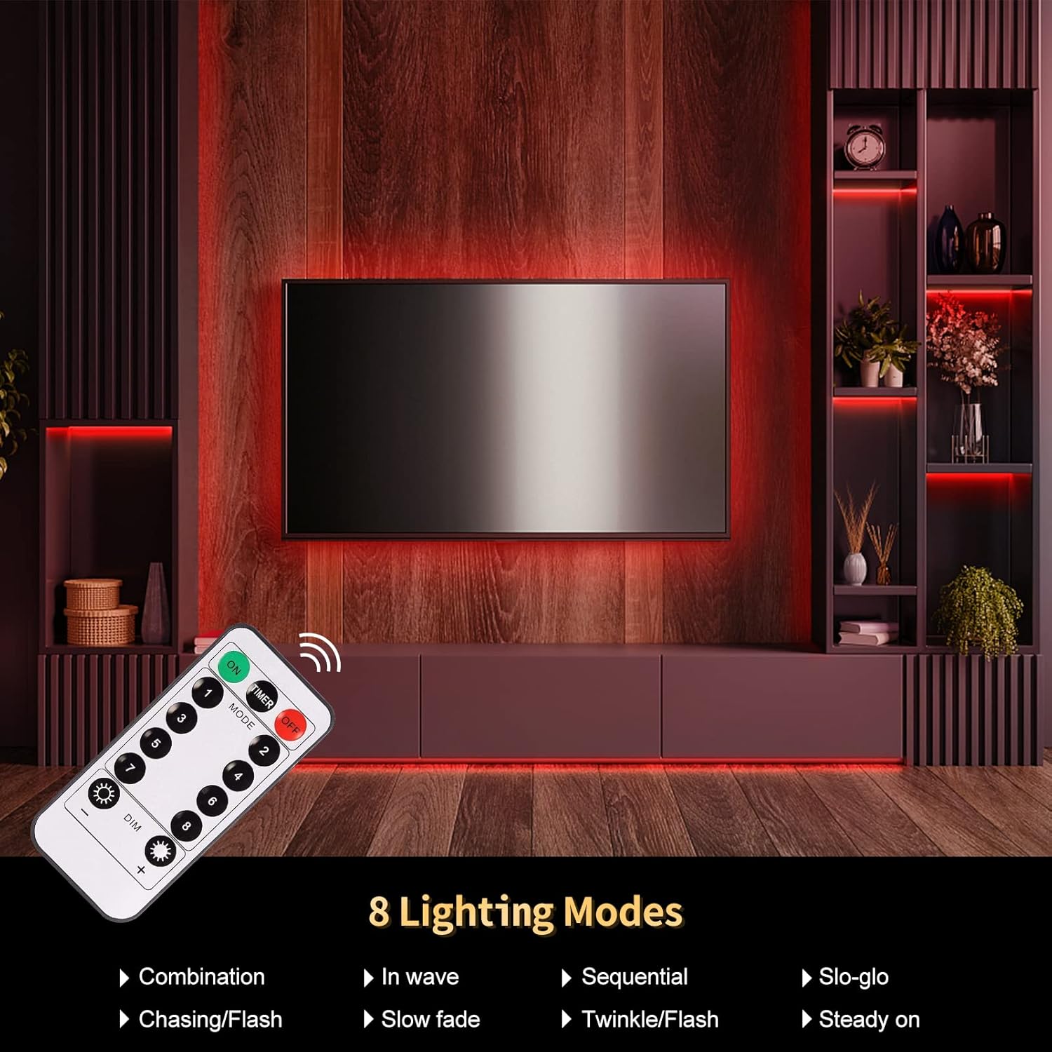 echosari Tira de luces LED alimentadas por pilas, 90 luces LED rojas 2835 SMD de 9.8 pies, tira de luces autoadhesivas cortables con temporizador