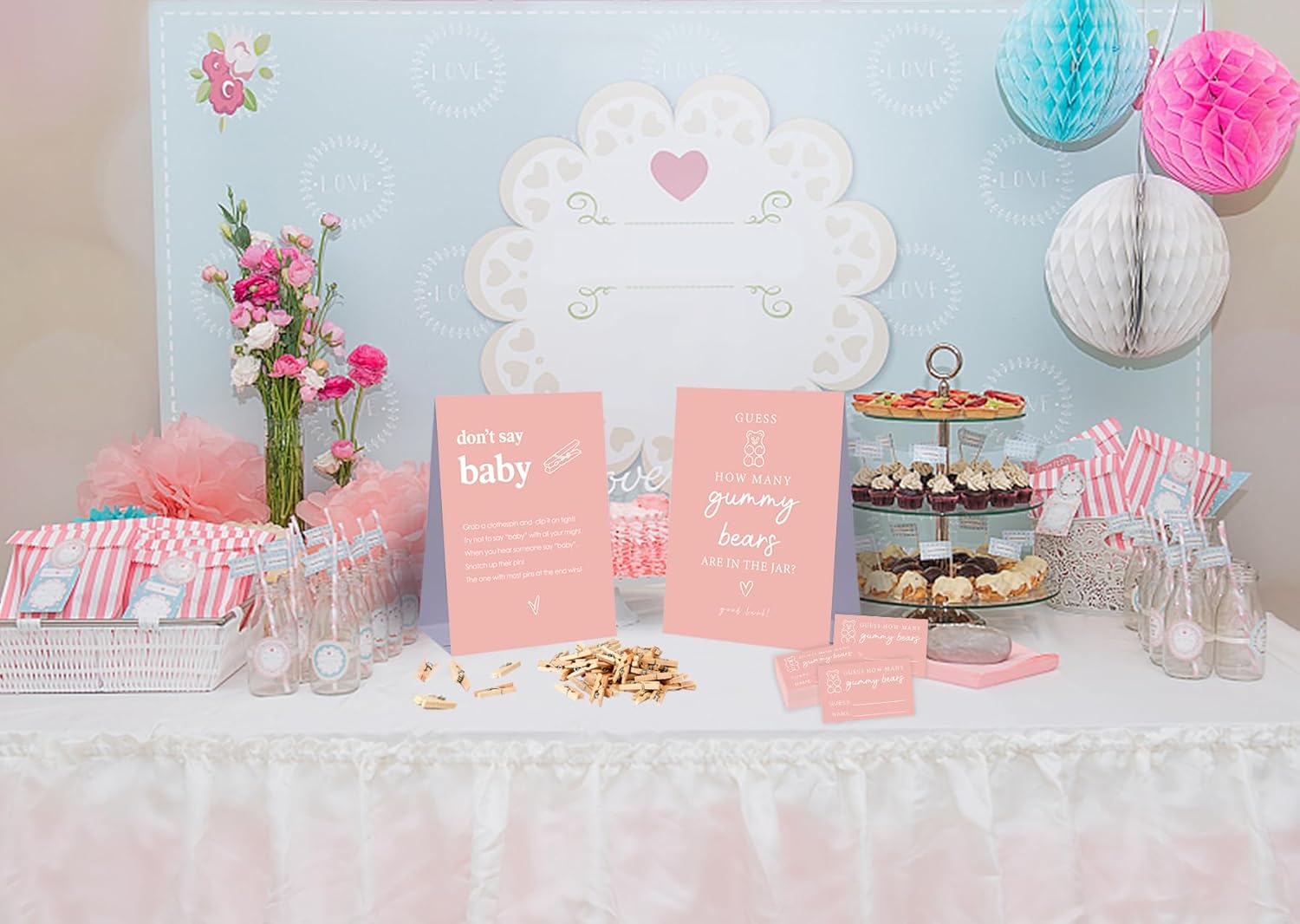 2 juegos rústicos de baby shower, no digas bebé y adivina cuántos osos gomosos para baby shower, decoración de baby shower, suministros de recuerdos