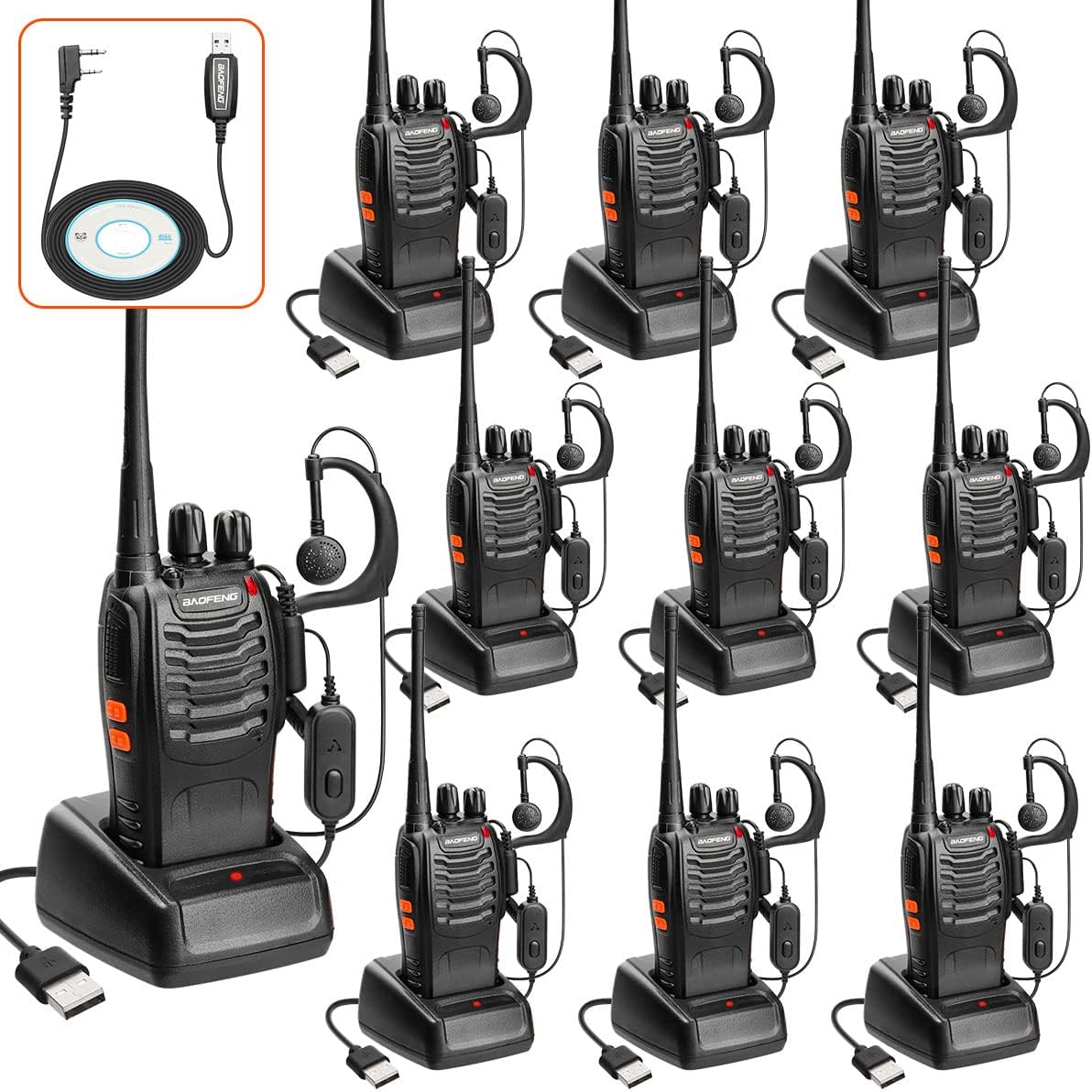 Baofeng – Walkie Talkies para adultos, cargador USB recargable de radio bidireccional de largo alcance con 1 cable de programación, 16 canales,