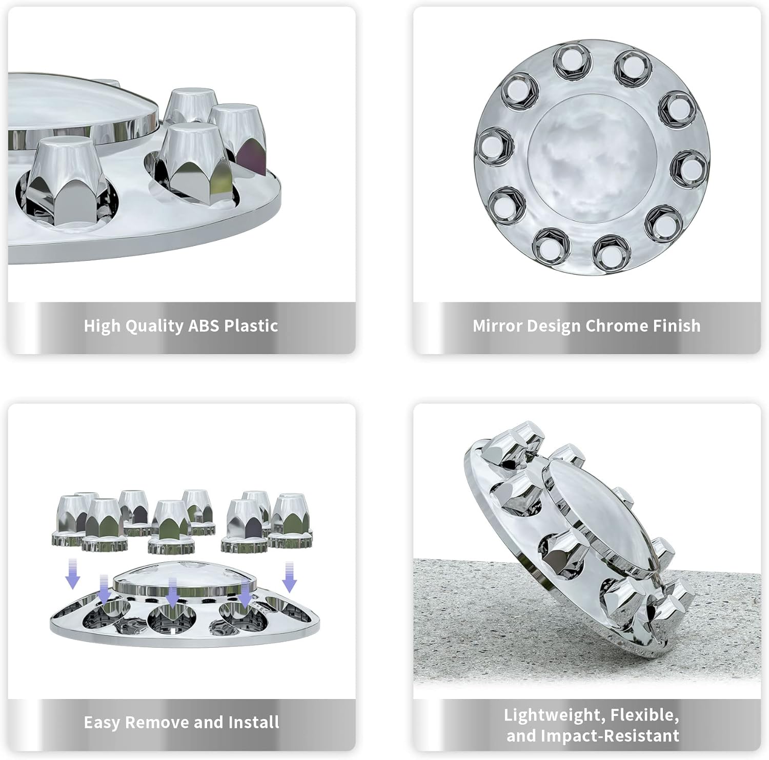Cubiertas de rueda de eje para semirremolque de plástico ABS cromado con 2 cubiertas delanteras y 4 traseras para ruedas de eje completo, 1.299 in,