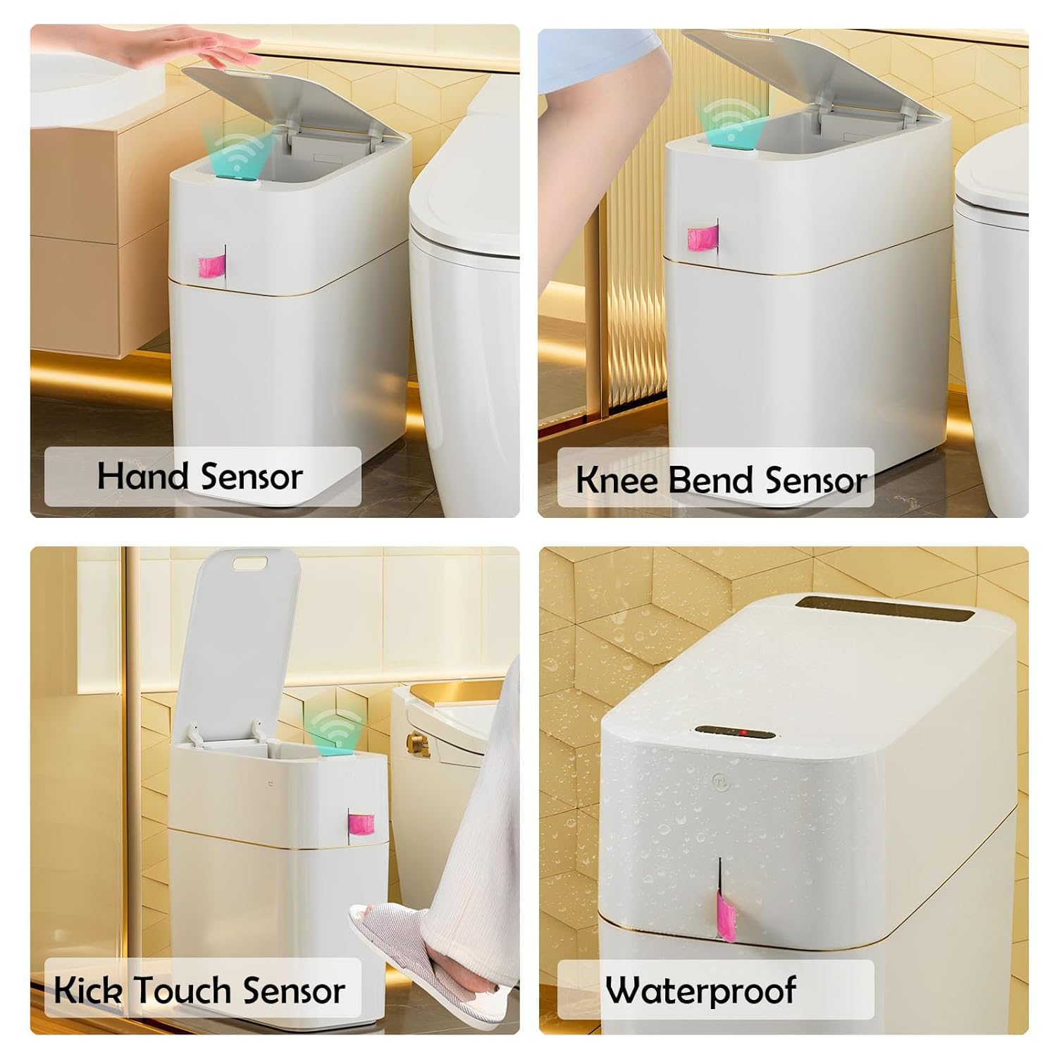 Basurero de baño de 4 galones, impermeable, inteligente, con sensor de movimiento automático, con tapa, sensor de movimiento delgado, de plástico,