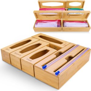 Organizador de bolsas 6 en 1 para cajón de cocina y organizador de envoltura de plástico con cortador, organizador de bolsas de almacenamiento Organizador de bolsas 6 en 1 para cajón de cocina y organizador de envoltura de plástico con cortador, organizador de bolsas de almacenamiento