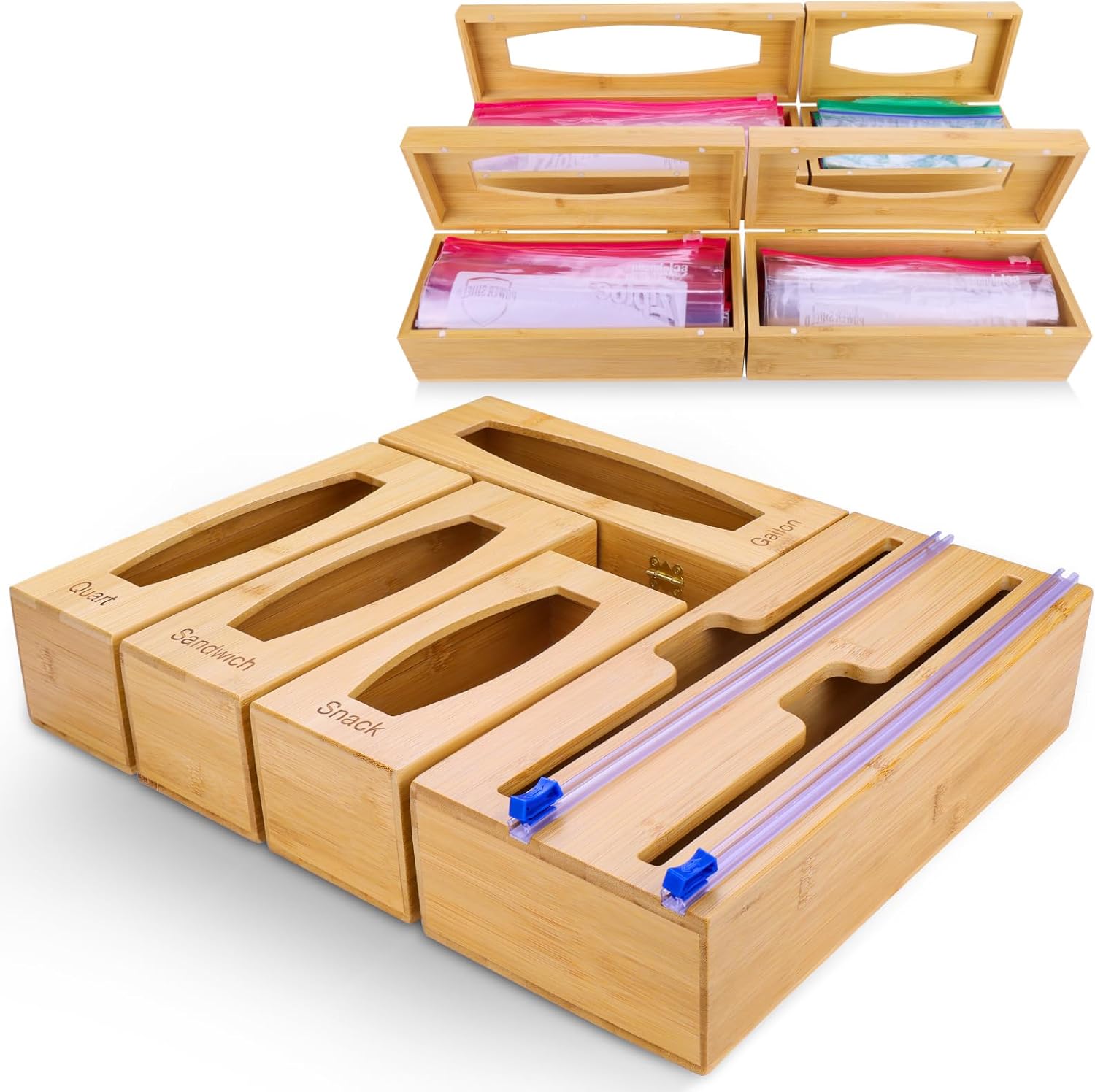 Organizador de bolsas 6 en 1 para cajón de cocina y organizador de envoltura de plástico con cortador, organizador de bolsas de almacenamiento