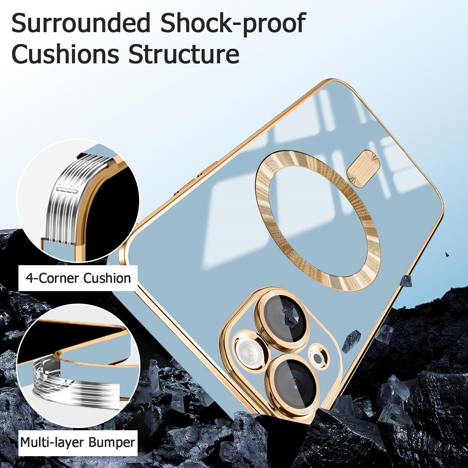 Funda azul para iPhone 15 compatible con Magsafe protector de lente de cámara integrado borde chapado suave a prueba de golpes magnético para iPhone