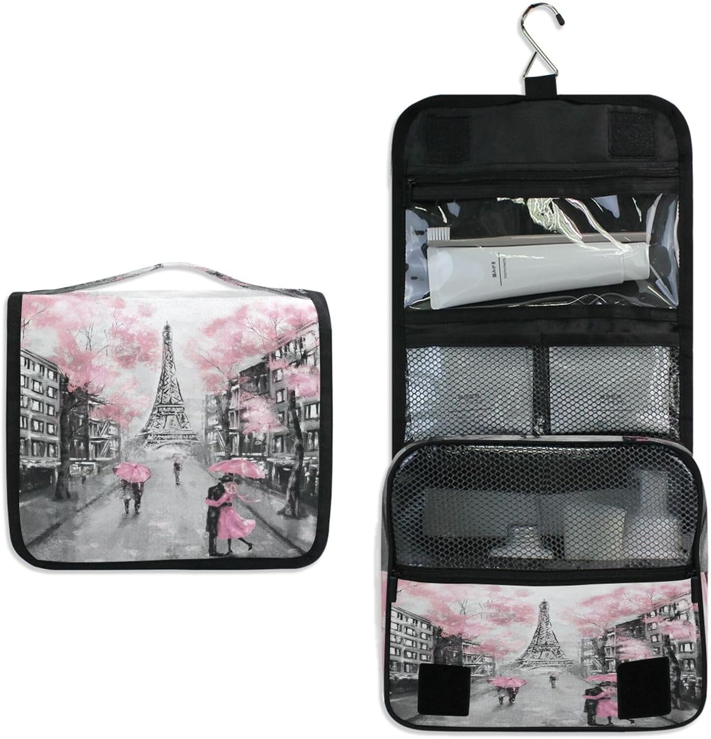 DEHOZO Bolsa de aseo colgante, Francia París, Torre Eiffel, arte de acuarela, hojas, palmeras, árbol, bolsa de maquillaje portátil, organizador de