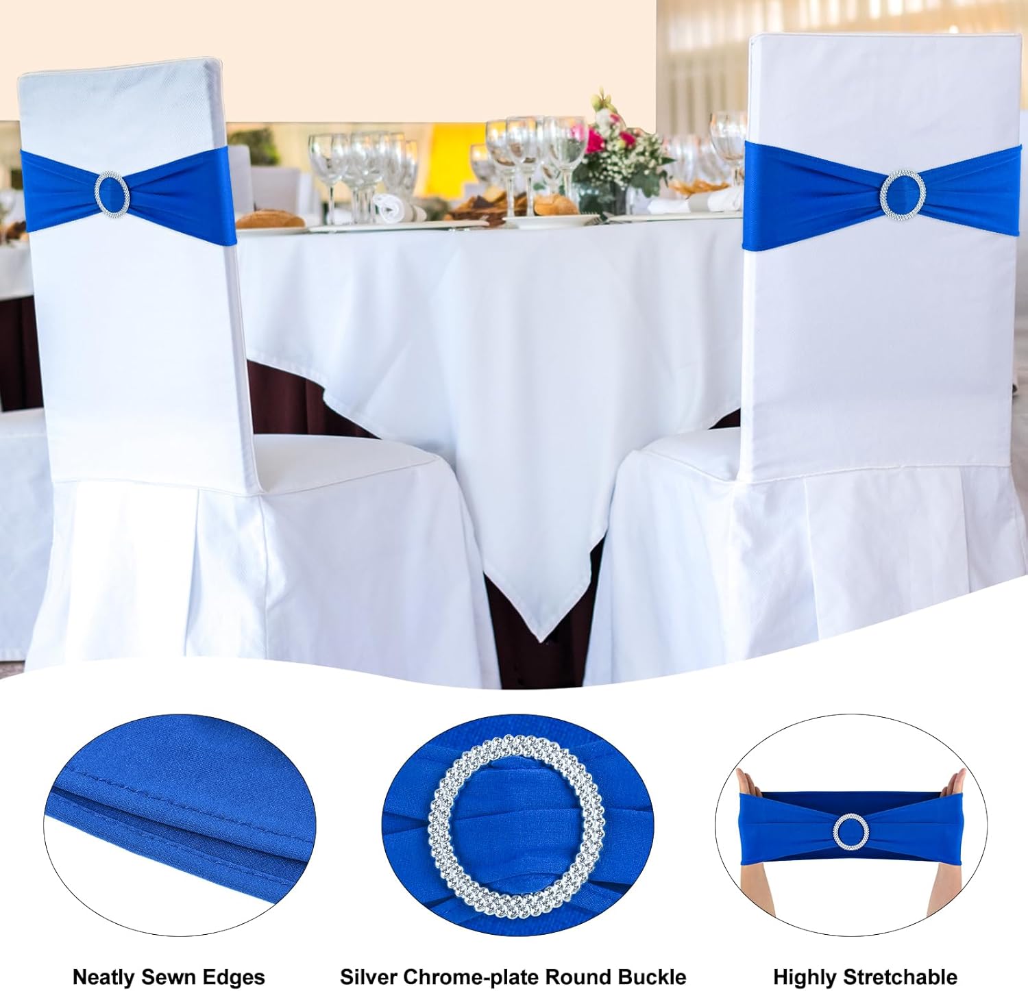 BOUBONI Paquete de 25 bandas elásticas de elastano para sillas con hebillas para sillas plegables, bodas, fiestas, recepciones, baby shower,