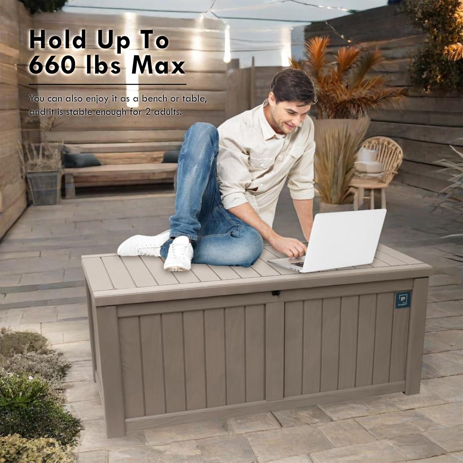 Caja grande de 120 galones, caja de almacenamiento de resina para exteriores, contenedor impermeable con cerradura para cojín de patio, muebles de