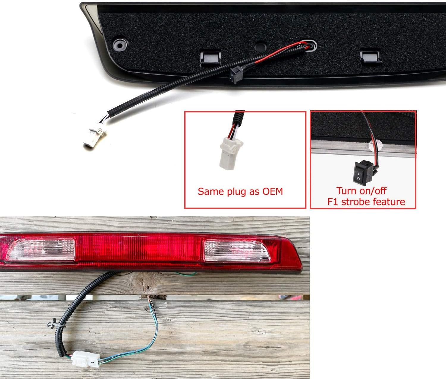 iJDMTOY Lente ahumada estroboscópica estilo F1 con reflector cromado rojo 48-SMD LED de montaje alto, tercer freno, montaje de luz de