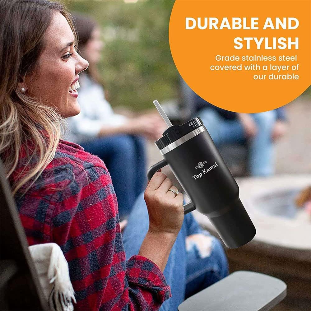 Quencher – Vaso de acero inoxidable de 40 onzas con aislamiento al vacío con tapa y popote para agua, helado, té, café y viaje, mantiene el frío