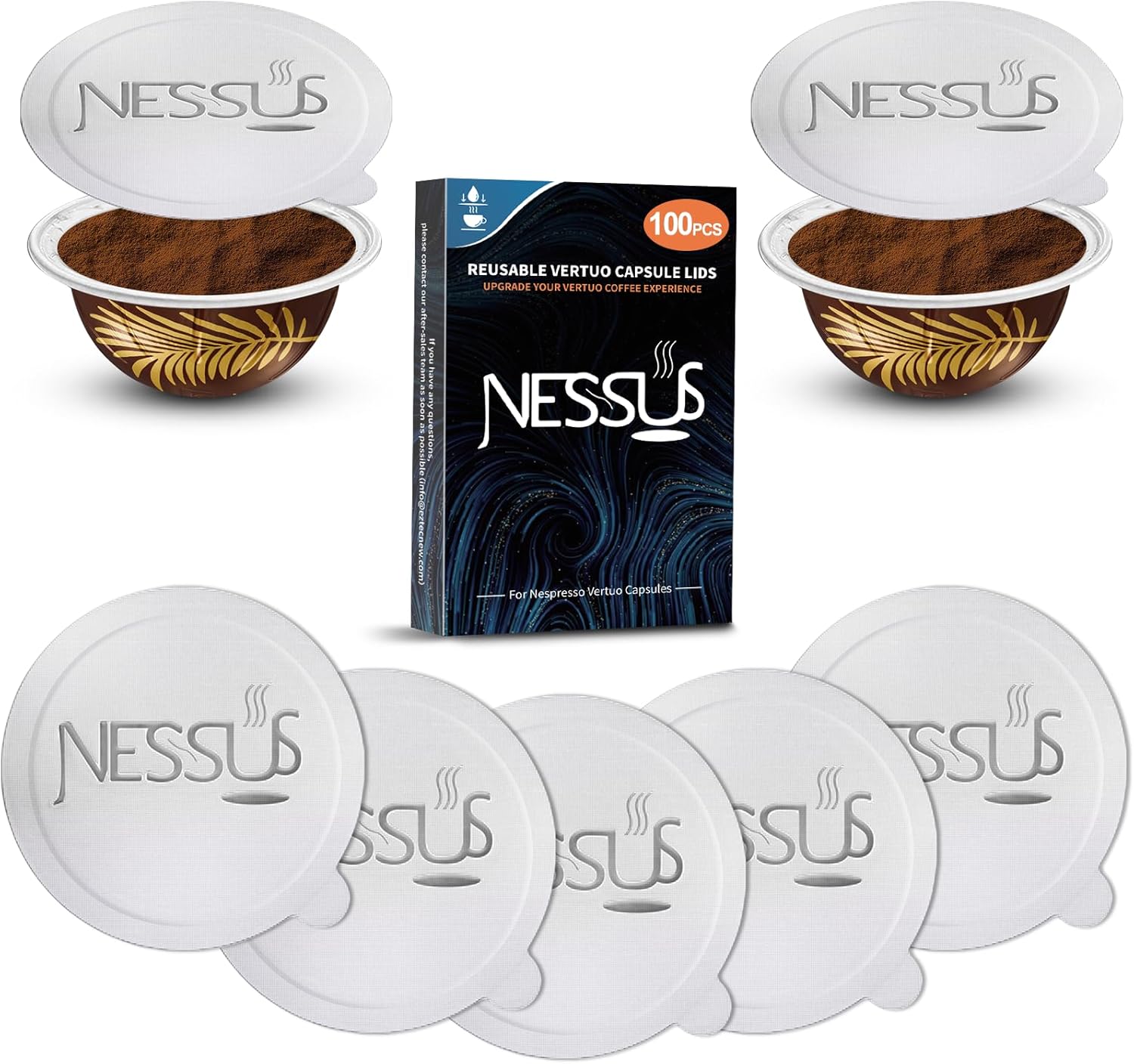 Nessus Juego de 100 tapas de papel de aluminio originales de Vertuo reutilizables, ALSeal EZ FIT para cápsulas recargables Nespresso, compatibles