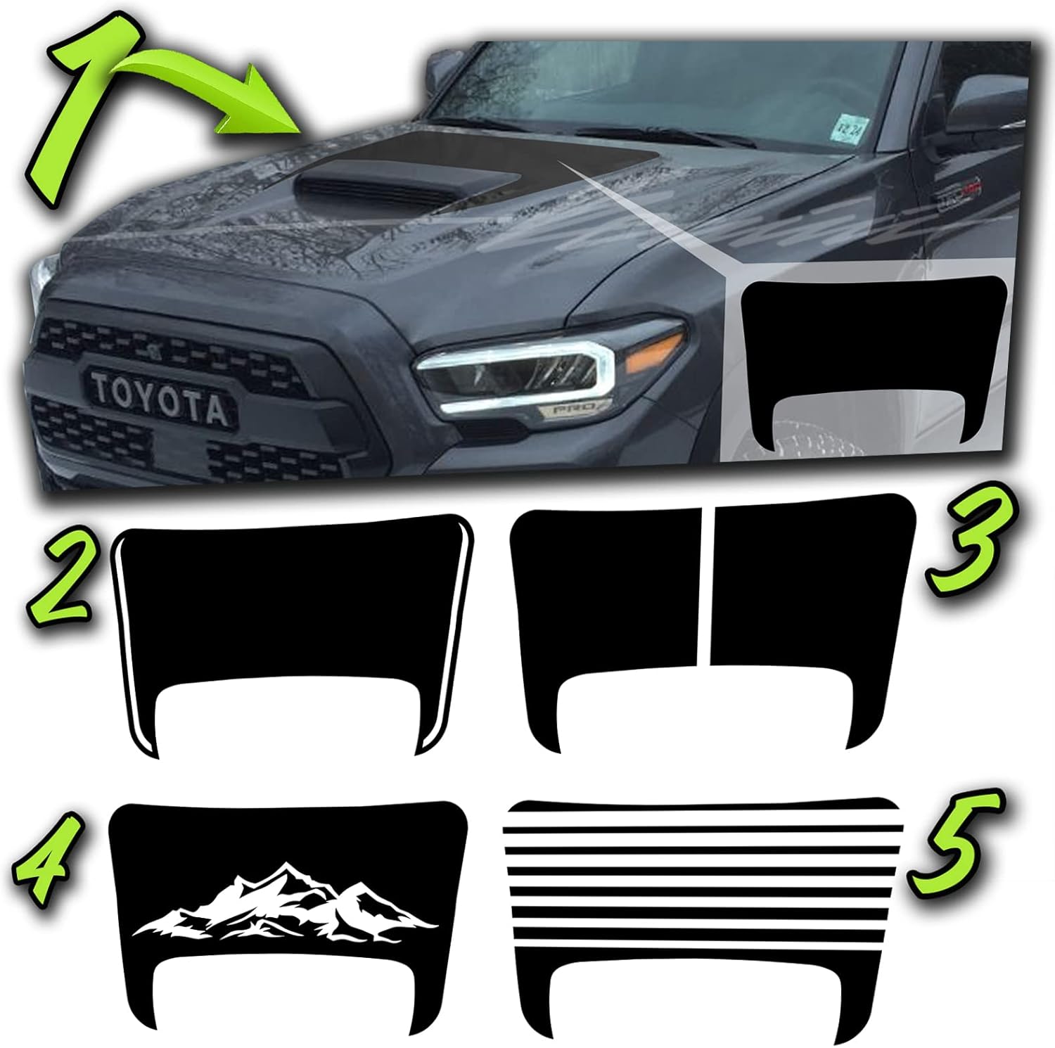 Benini Design Studio Calcomanía opaca para capó con rayas gráficas, se adapta a Toyota Tacoma TRD 2016-2022, compatible con Toyota Tacoma (estilo