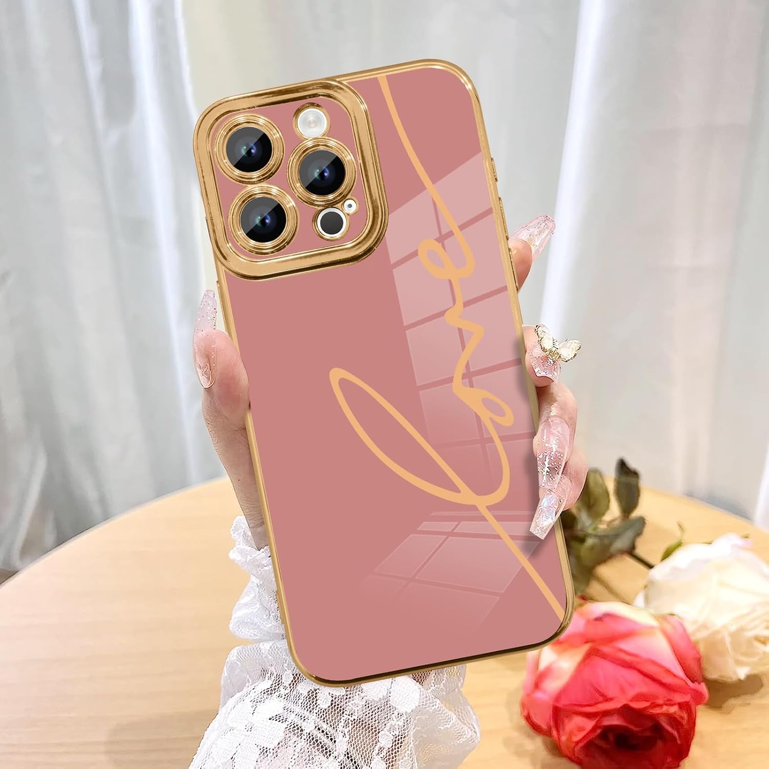 Fiyart Diseñada para iPhone 15 Pro Max, bonita funda chapada en amor para mujeres y niñas, con protector de pantalla, protector de cámara, cubierta