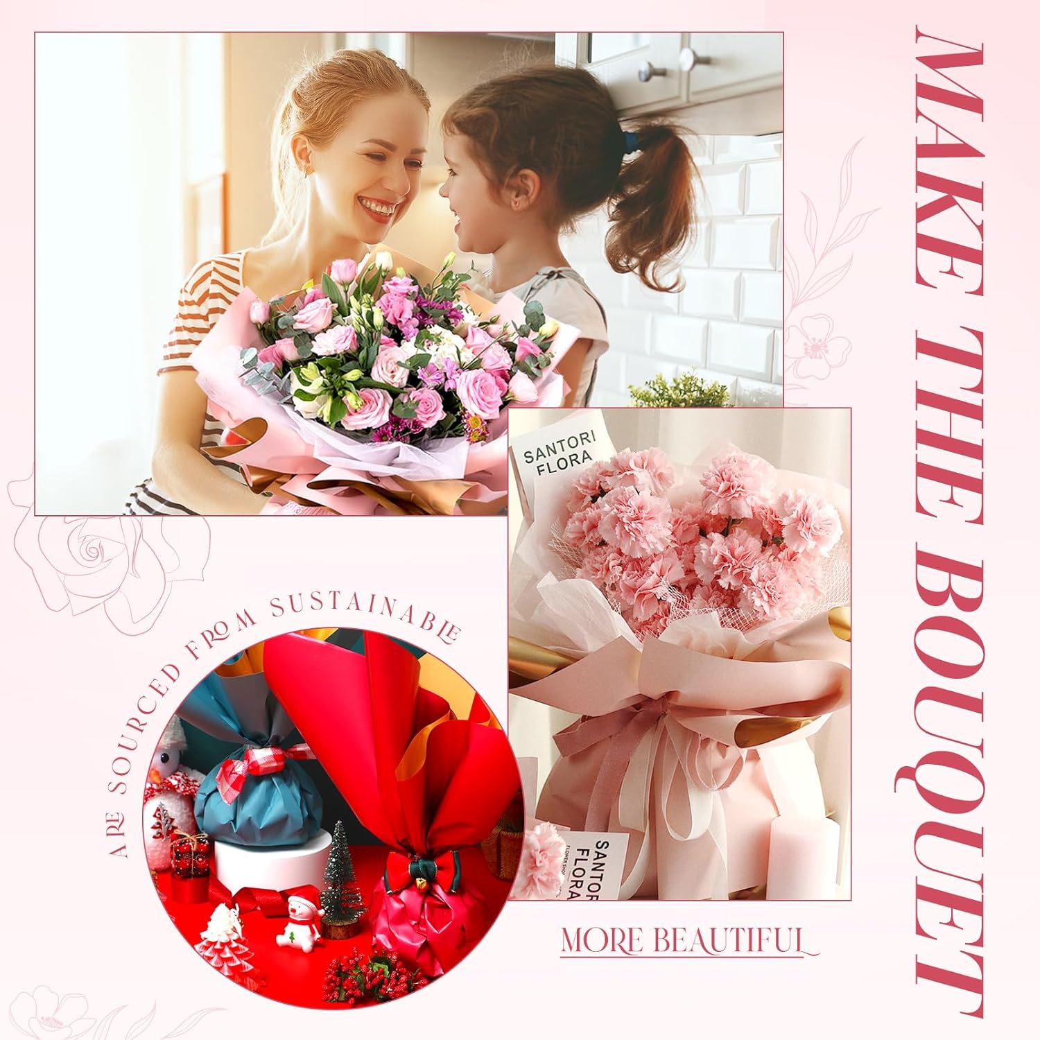 160 hojas de papel de regalo de flores de doble color, grueso, impermeable, papel de regalo para ramo de floristería, a granel para manualidades,