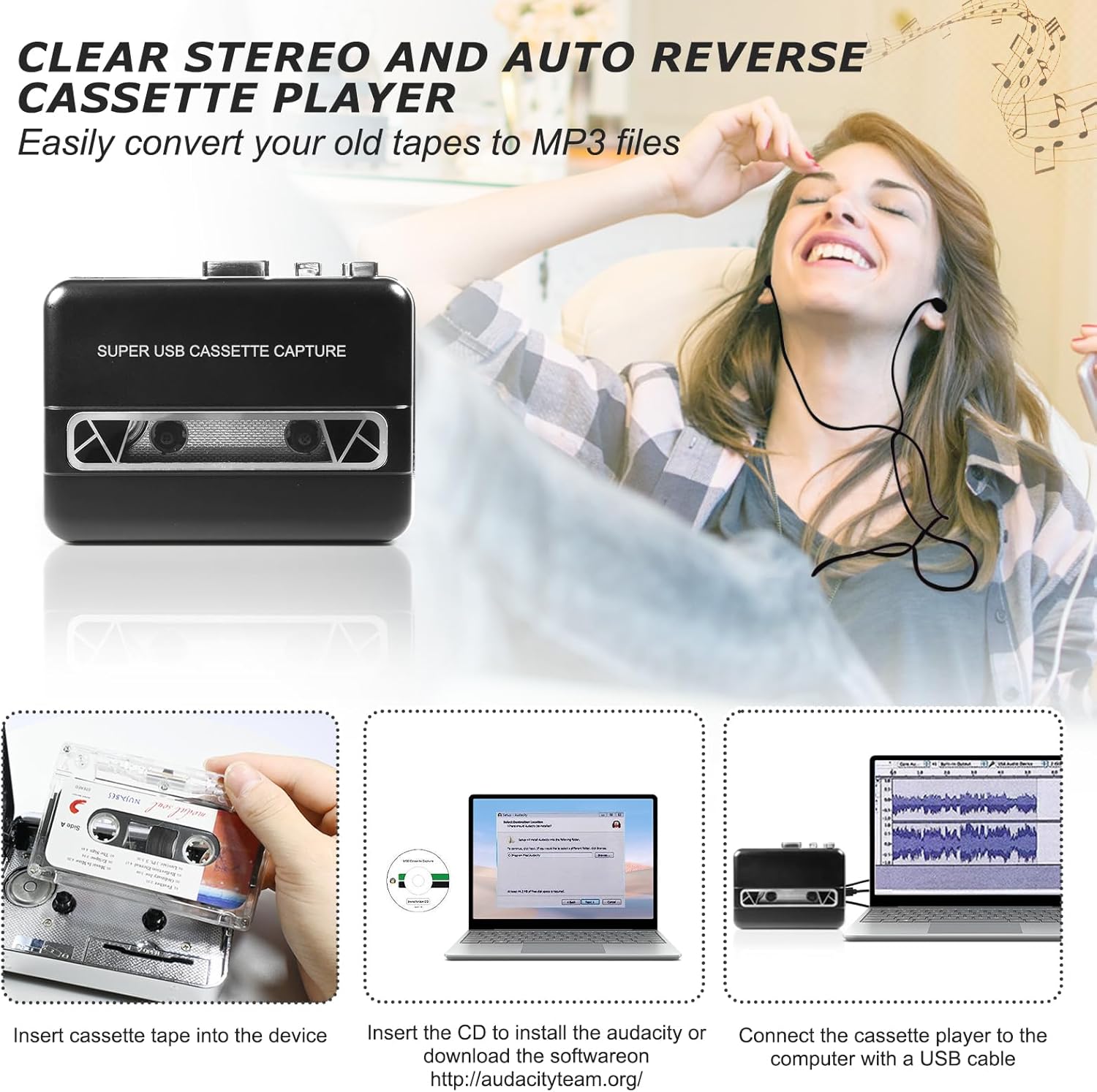 Reproductor de casete de reversa automático portátil, reproductor de cinta de casete Walkman estéreo transparente con altavoz grande y auriculares,