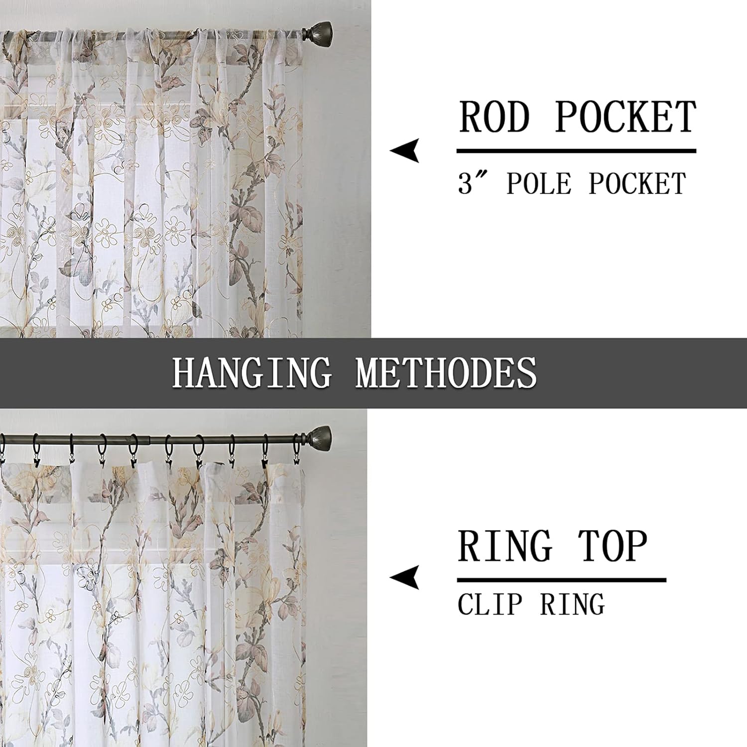 Tollpiz – Cortinas de gasa con estampado de flores y bordado de enredadera, con bolsa para barra, cortinas Voile para ventana, para sala de estar,