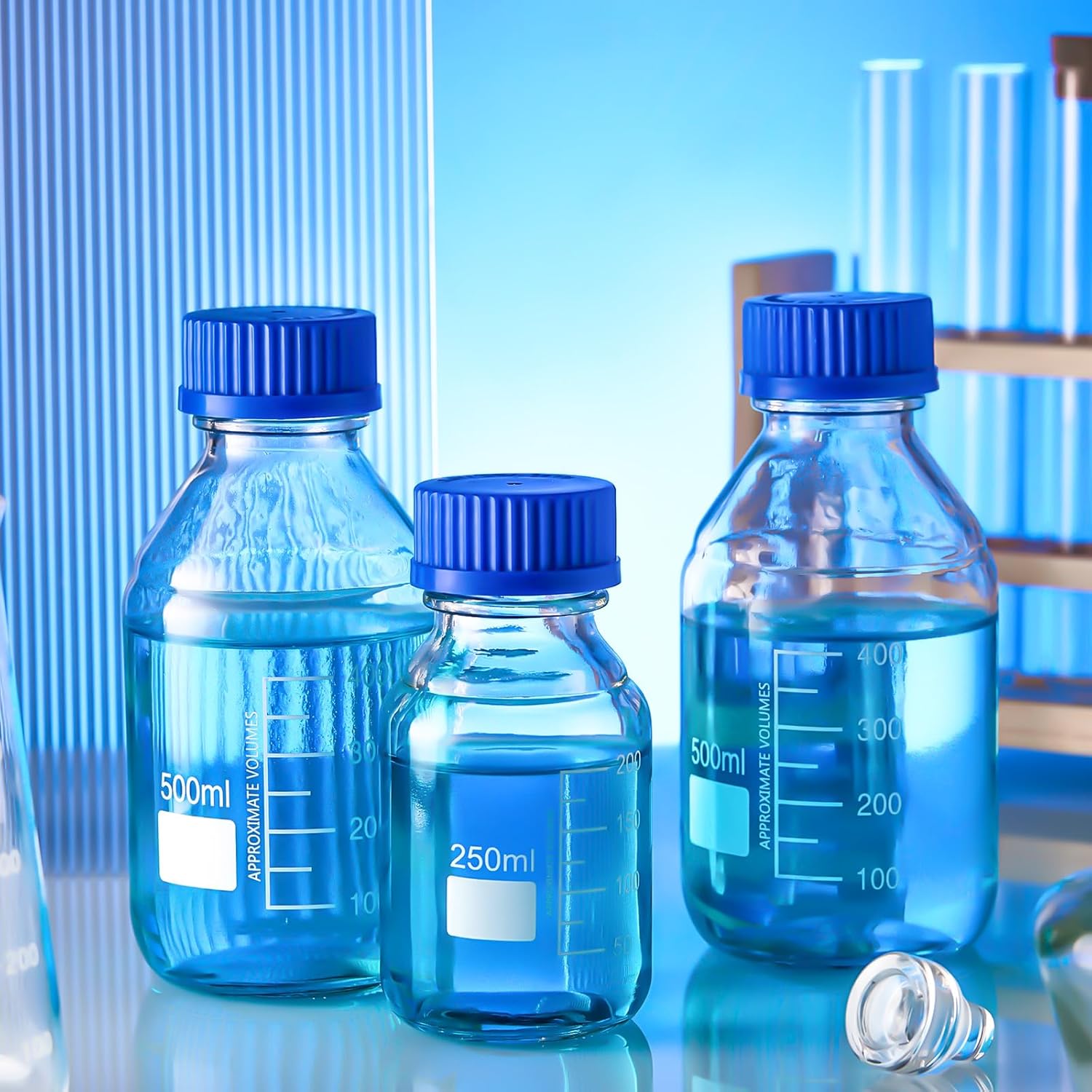16 botellas de almacenamiento de medios, botella de vidrio de almacenamiento de borosilicato, botella científica redonda graduada con tapa de rosca