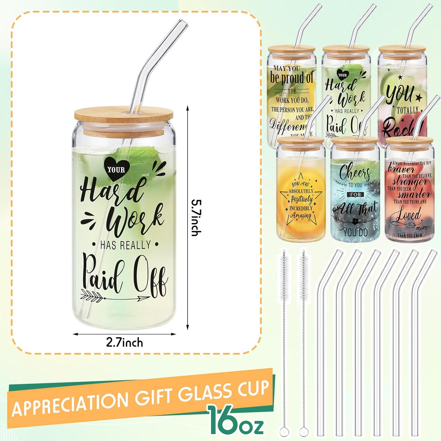Suttmin Regalos de agradecimiento – Vasos de vidrio de 16 onzas con tapas de bambú, popotes, vasos de café helado, vasos con forma de lata de