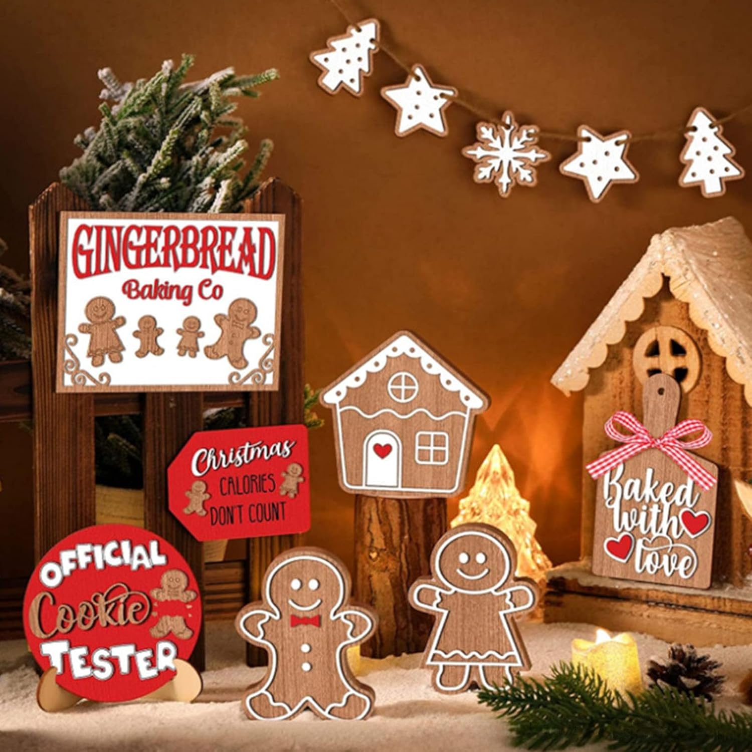 12 piezas de bandeja de Navidad escalonada, letreros de madera de mesa de pan de jengibre, decoración navideña para fiesta de Navidad, hogar, cocina