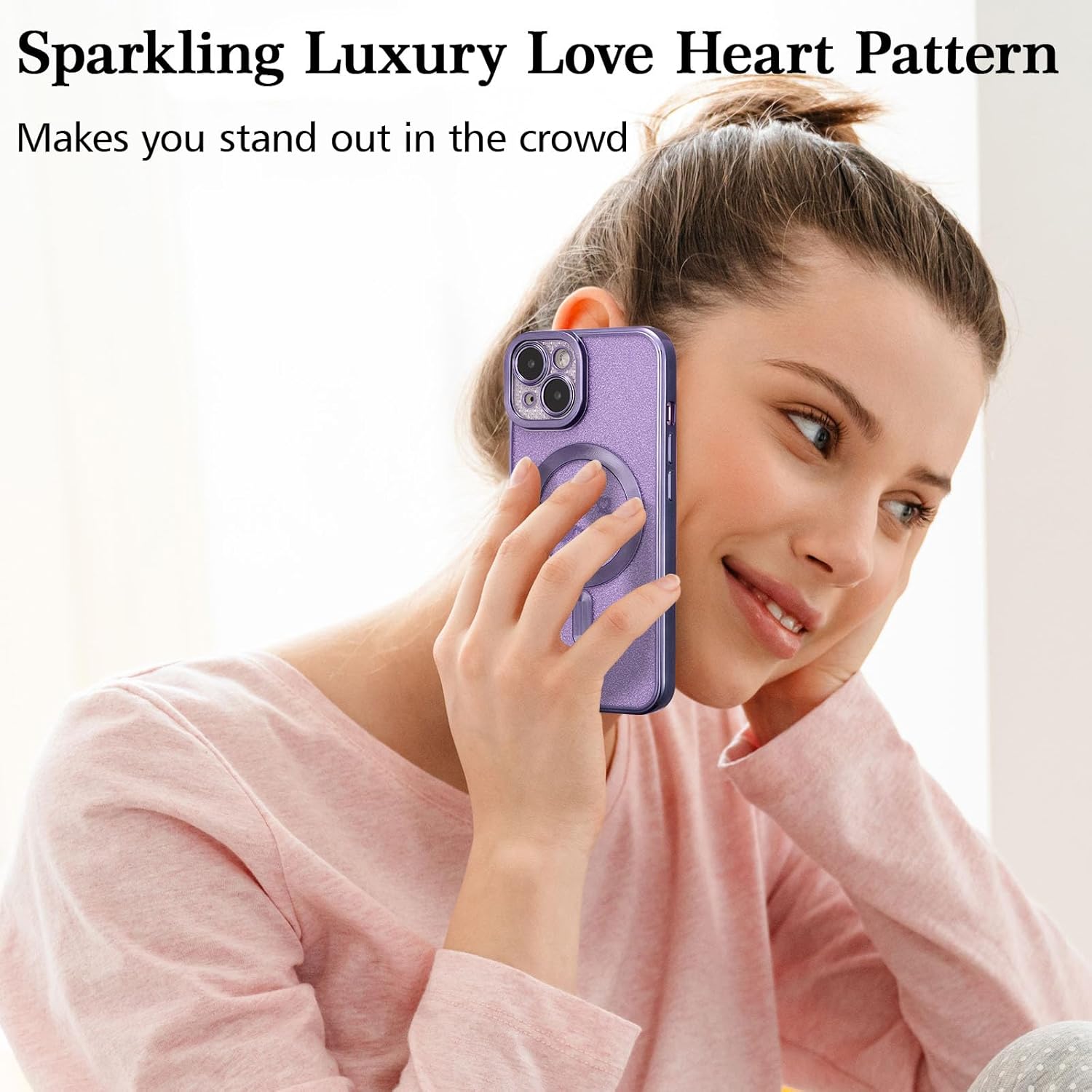 EYZUTAK Funda magnética para iPhone 13, con purpurina brillante de lujo, diseño de corazón chapado en lindo patrón de corazón, compatible con