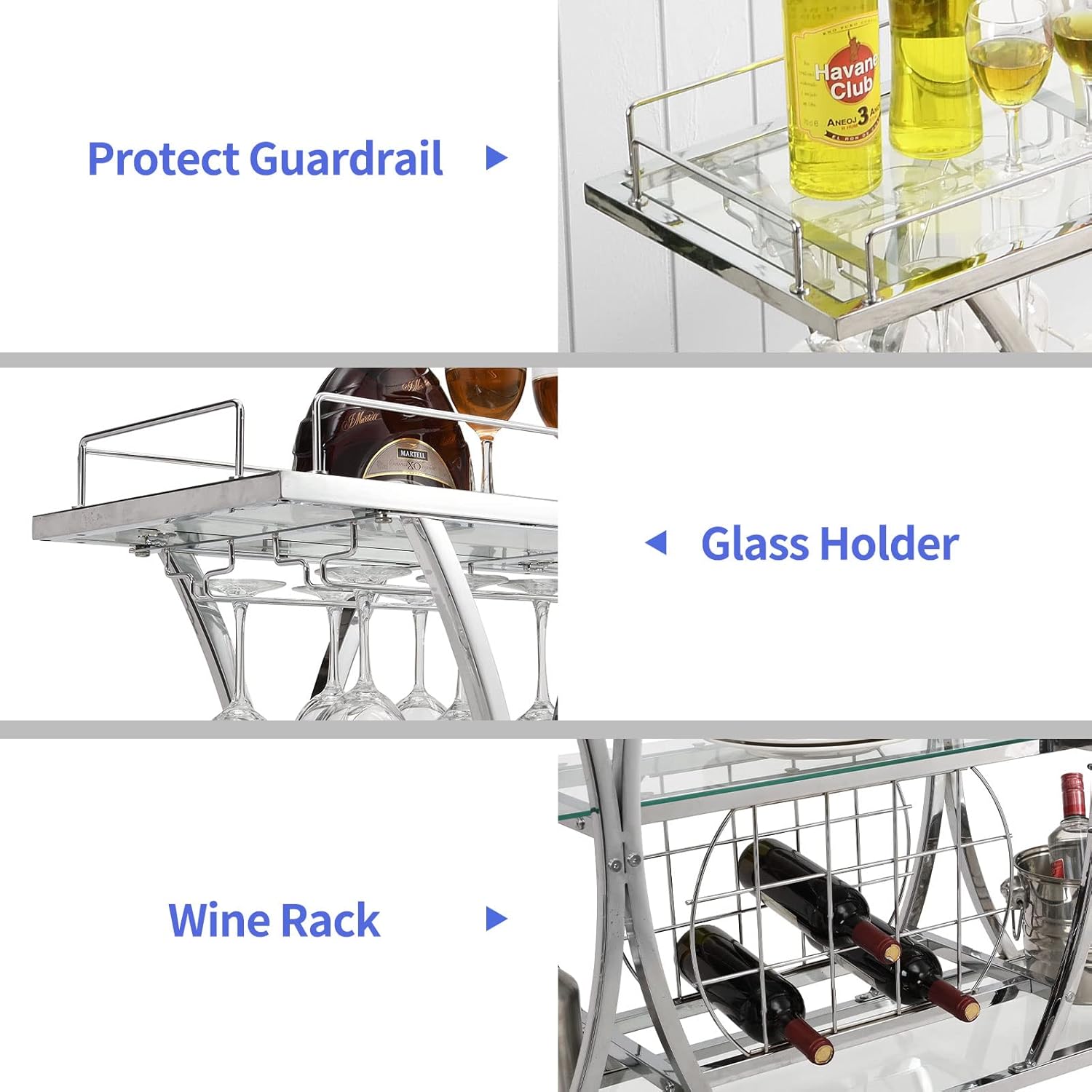 HOMYSHOPY Carrito de servicio de bar con soporte para vidrio y estante para vino, carrito de cocina de 3 niveles con estantes de vidrio templado y
