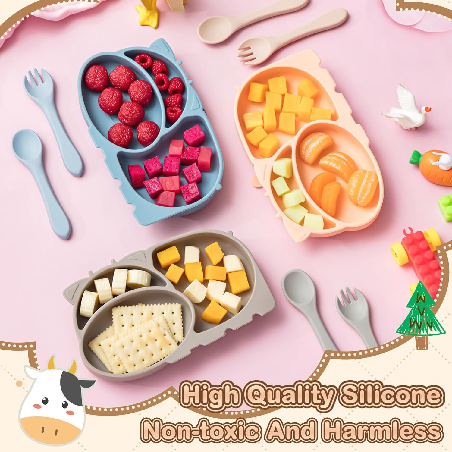 Tioncy 3 juegos de platos de silicona para bebé con succión hipopótamo, plato individual dividido, platos de destete LED para bebé con cubiertos,