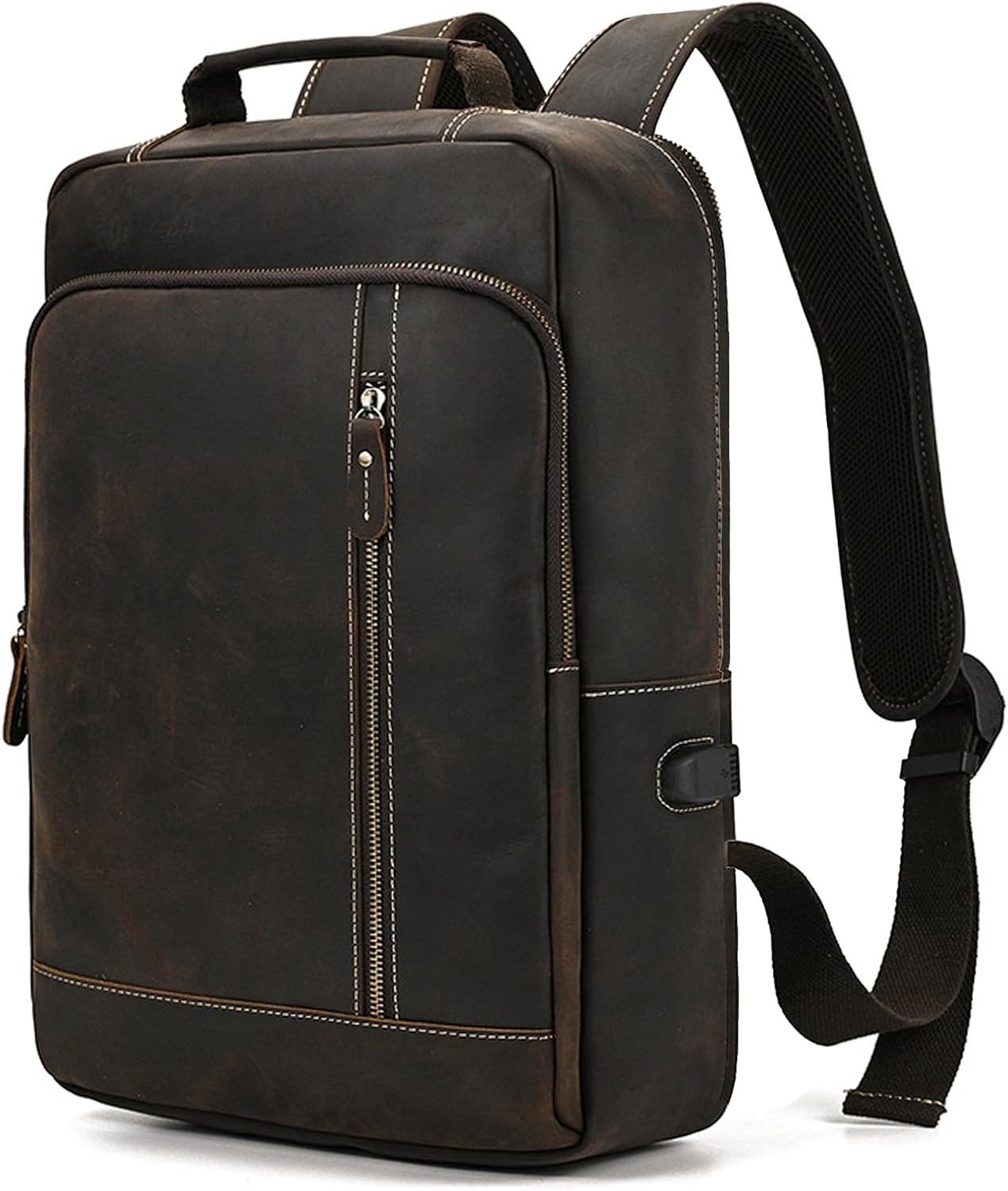 Mochila de cuero para computadora portátil para hombre, viaje de negocios, mochila de hombro de gran capacidad con puerto de carga USB, bolsas de