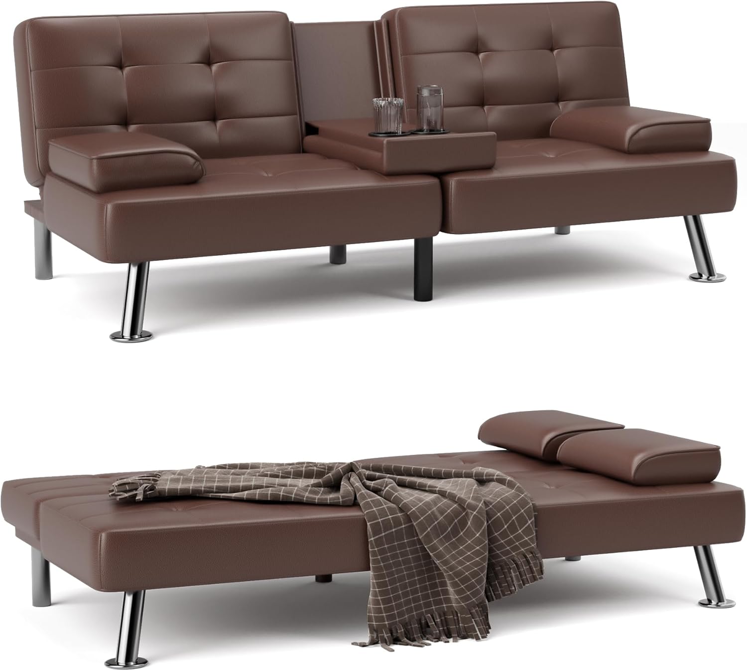 Sofá cama tipo futón plegable convertible para sala de estar, sofá biplaza tapizado de piel sintética con reposabrazos extraíbles, patas de metal, 2