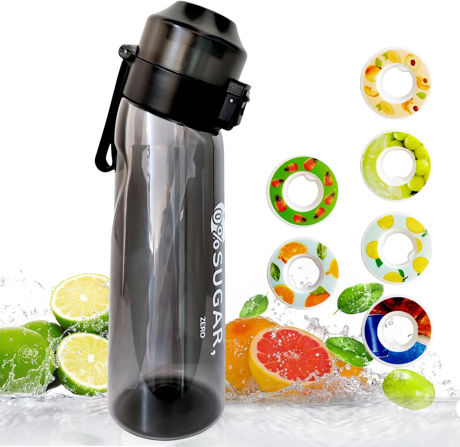 Botella de agua deportiva Tritan de 22.0 fl oz, juego de botellas de bebida con 7 cápsulas de sabor perfumadas para saborizar 0 azúcar, 0 calorías