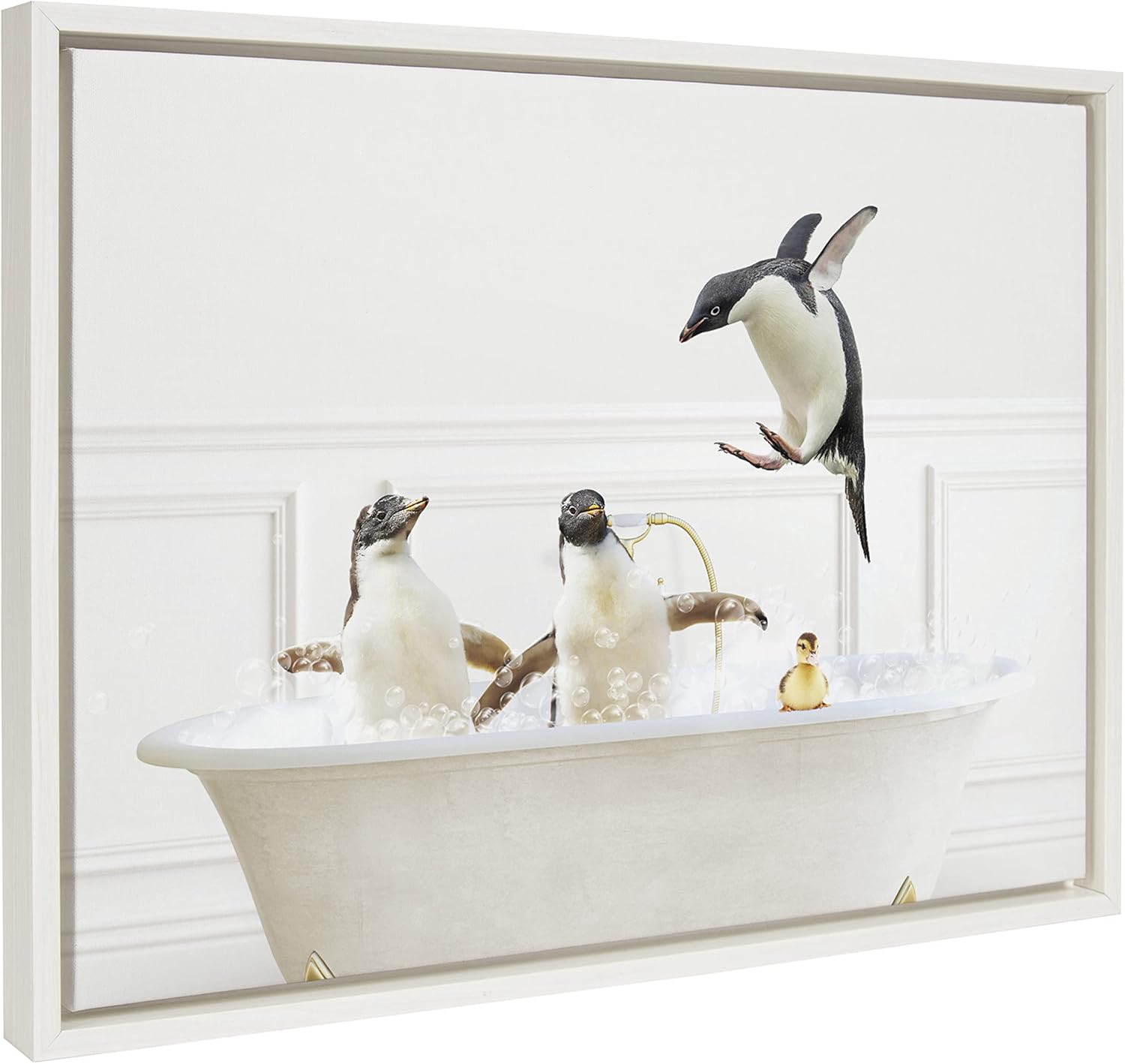 Kate and Laurel Sylvie Penguins In Bubble Bath – Lienzo enmarcado de estilo neutro por Amy Peterson Art Studio, 18 x 24 pulgadas, adorable arte de