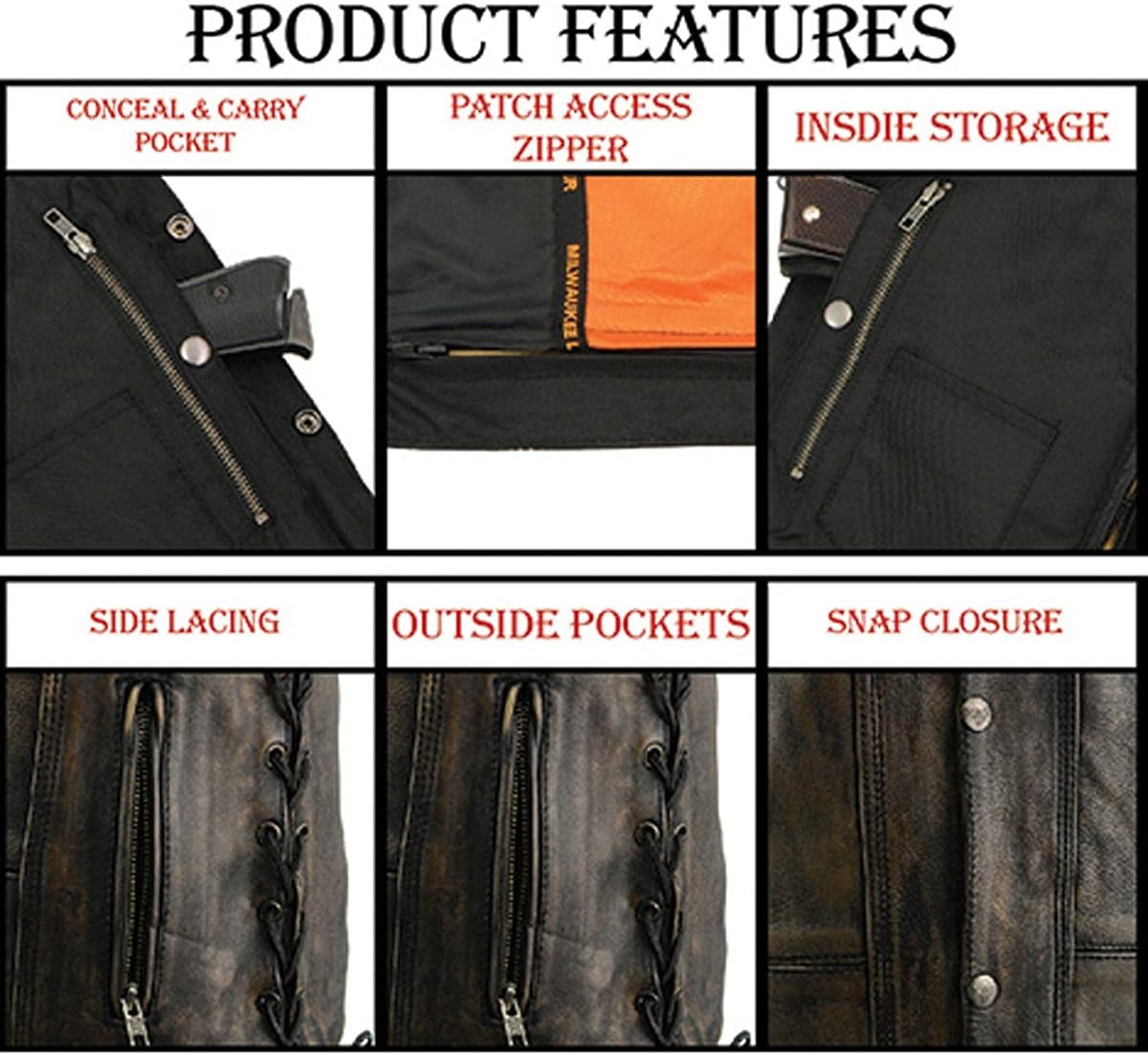 Milwaukee Leather Chaleco clásico de cuero con cuello en V para motociclista para hombre, Mlm3540-negroBeige