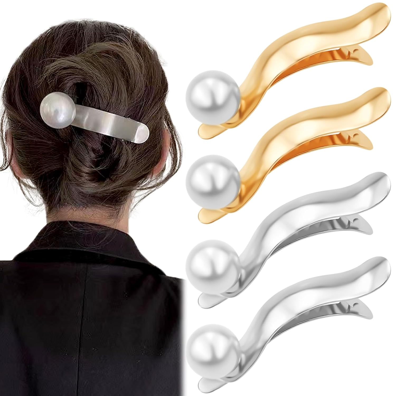 4 pinzas para el pelo de perlas para mujer, 4.13 pulgadas, grandes perlas, pinzas de pelo de cocodrilo, pinzas de metal elegantes, accesorios de