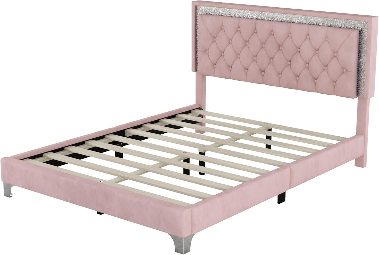 Base de cama tapizada tamaño Queen con luces LED, cama de plataforma de terciopelo moderna con cabecera capitonada de cristal, para niños,
