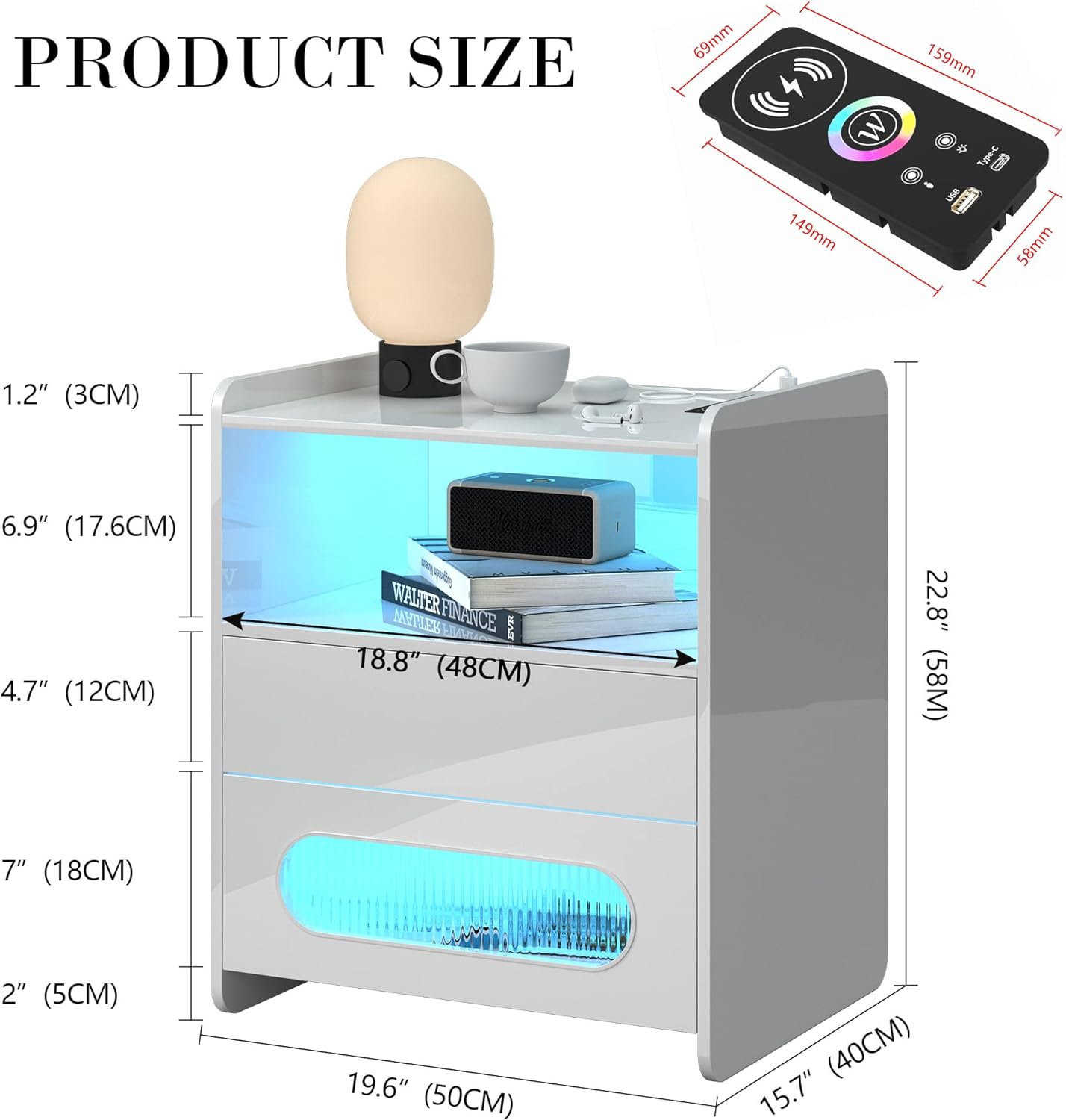 dnbss Mesita de noche LED RGB con estación de carga, moderna mesita de noche con cajones de almacenamiento de joyas, soporte de noche inteligente