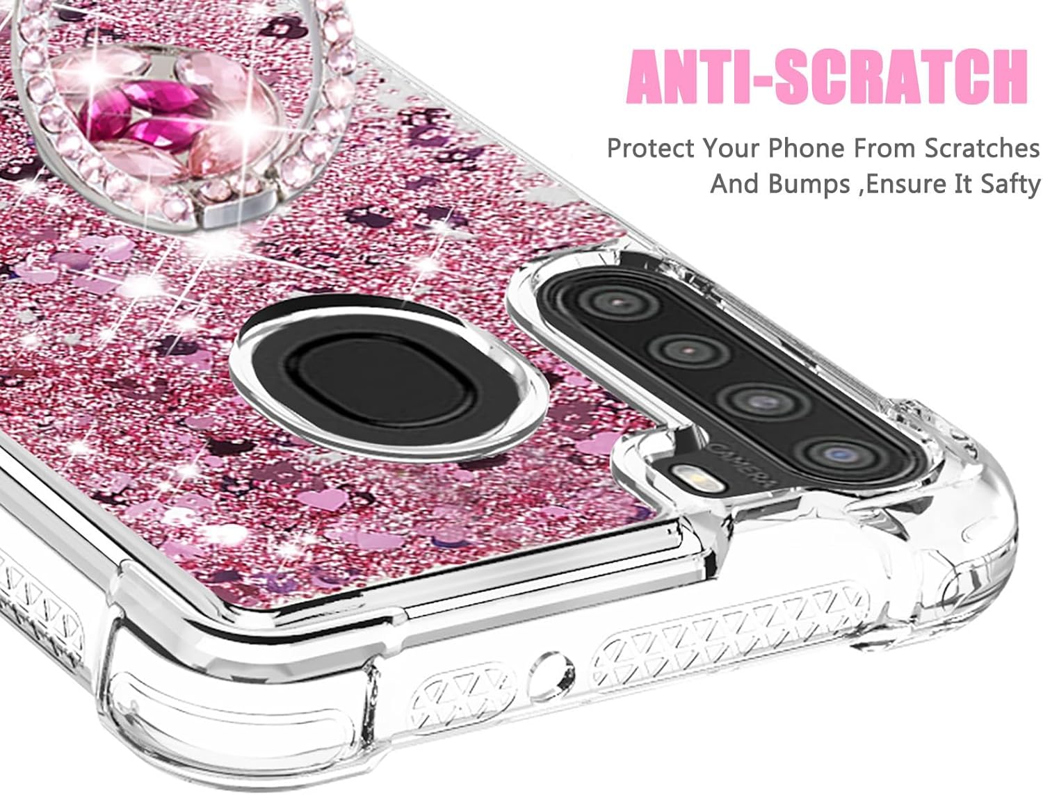 Asuwish Funda de teléfono para Samsung Galaxy A21 con protector de pantalla y soporte para anillo, purpurina líquida brillante, transparente,