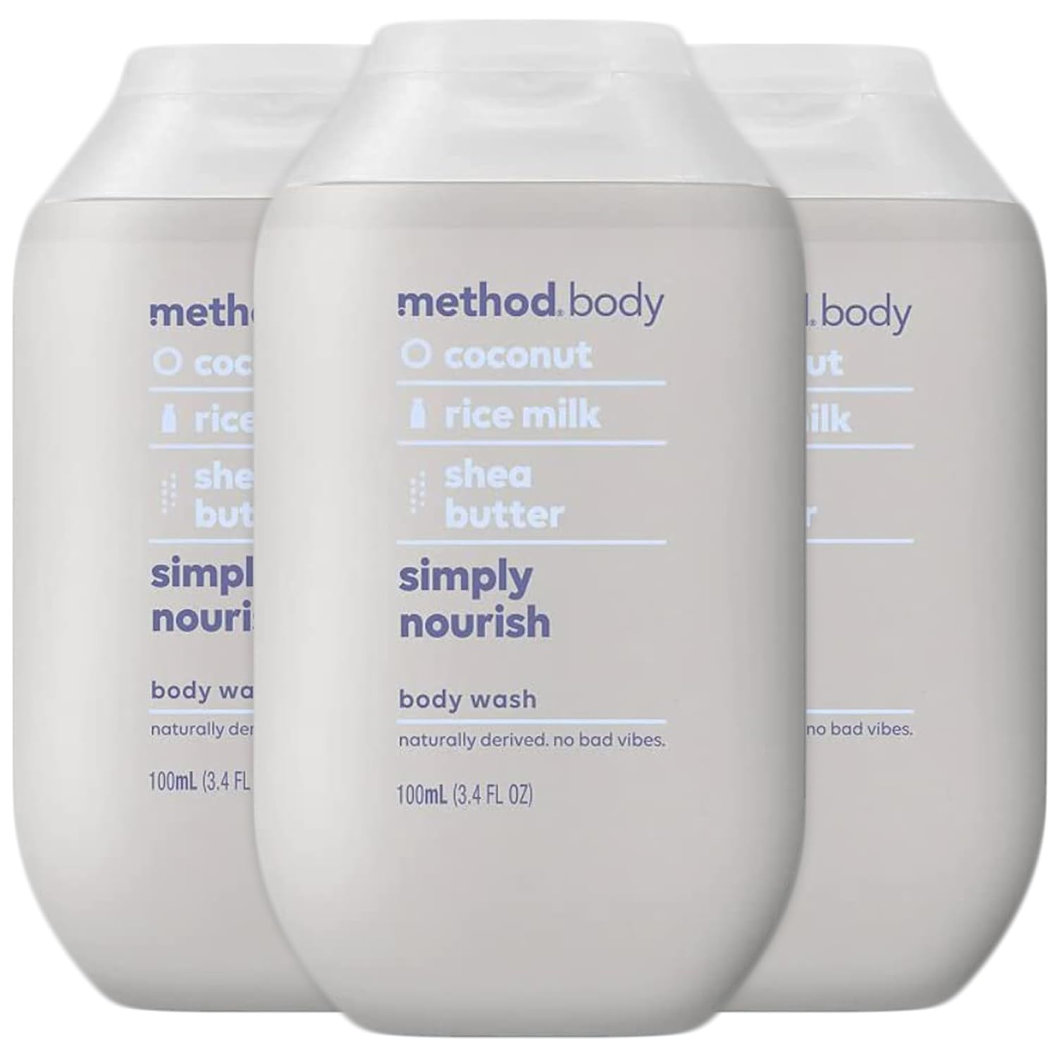 Method Gel de baño Simply Nourish, leche de coco, arroz y manteca de karité, ingredientes a base de plantas, sin parabenos ni ftalatos, tamaño mini