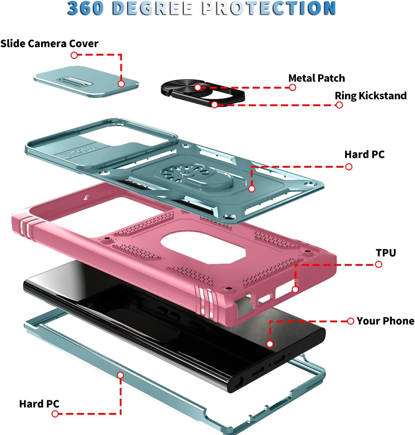 PASNEW Funda para Samsung Galaxy S23 Ultra, cubierta deslizante de cámara y soporte, armadura militar multicapa resistente cuerpo completo,