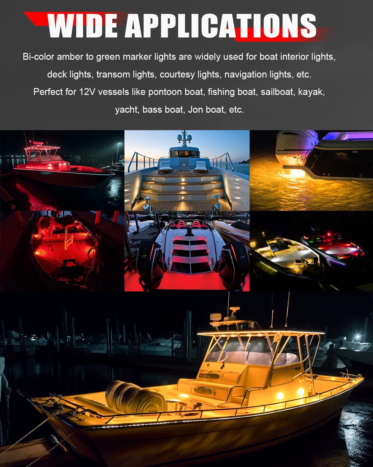 BJZ Luces LED para barco marino, impermeables, ámbar a rojo, de doble color, 34 pulgadas, redondas, para interior de barco, cubierta de cortesía,