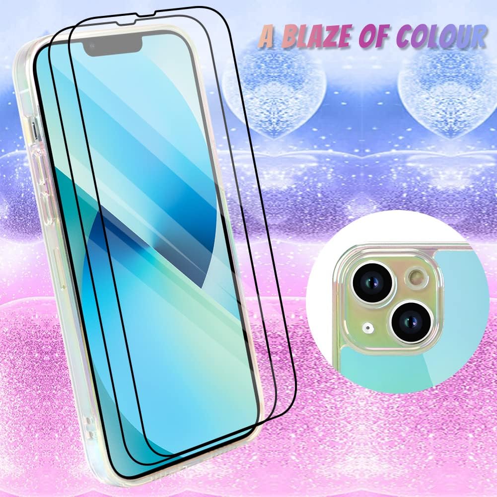 Bonoma Funda compatible con iPhone 13 con cristales iridiscentes fluorescentes brillantes de lujo, protector de cámara + 2 protectores de pantalla a