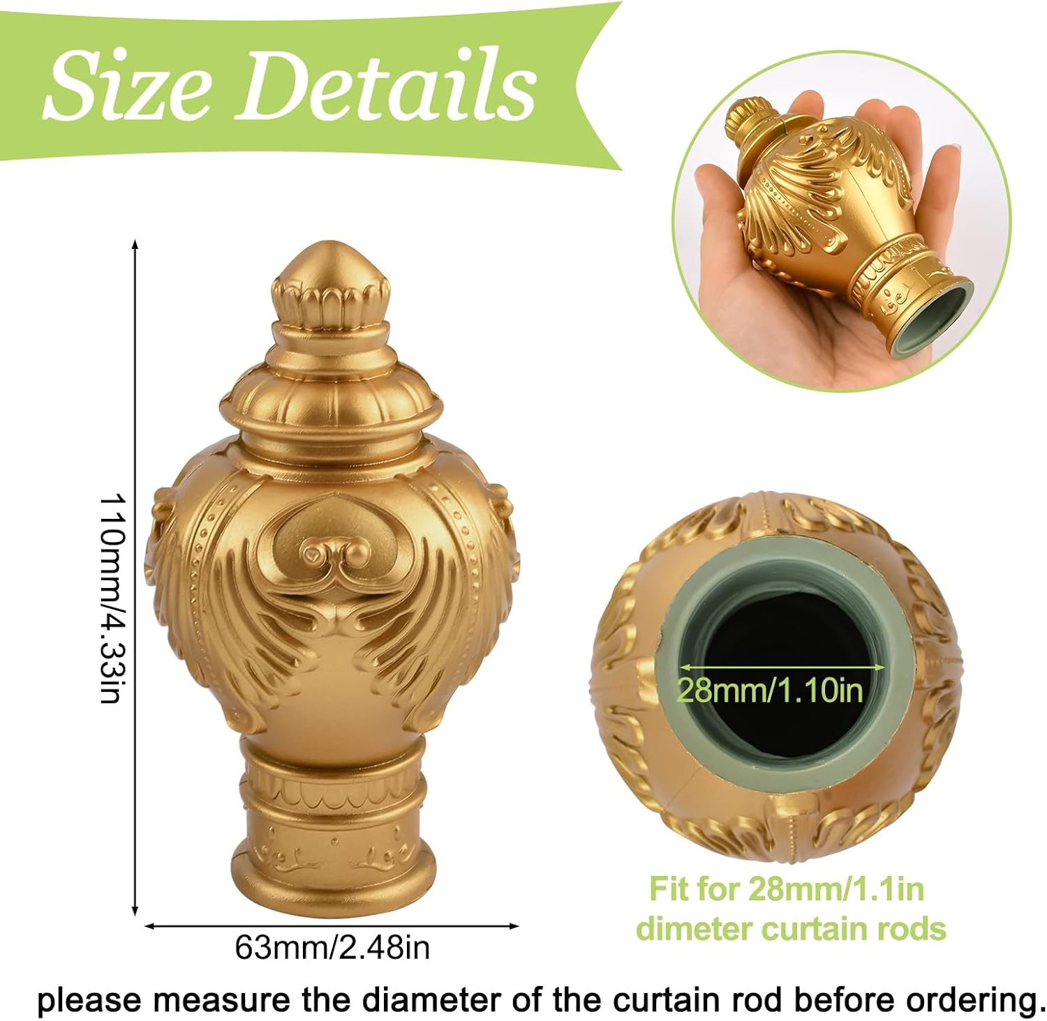 UFURMATE Remates de cortina, 6 piezas de plástico dorado para cortinas, barra de cortina, tapa decorativa para ventana, extremo de cortinero,