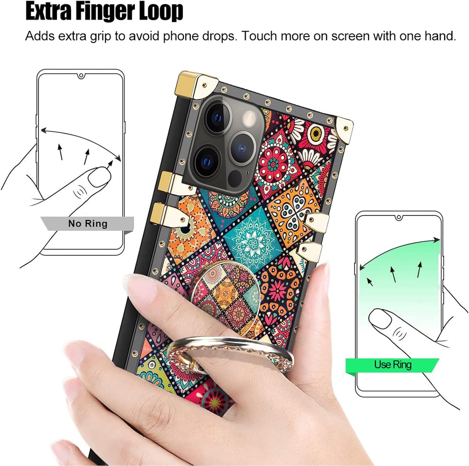 Funda para iPhone 14 Pro (no 14 Pro Max), bonita funda cuadrada retro para niñas y mujeres con soporte de anillo, diseño de flores, esquinas