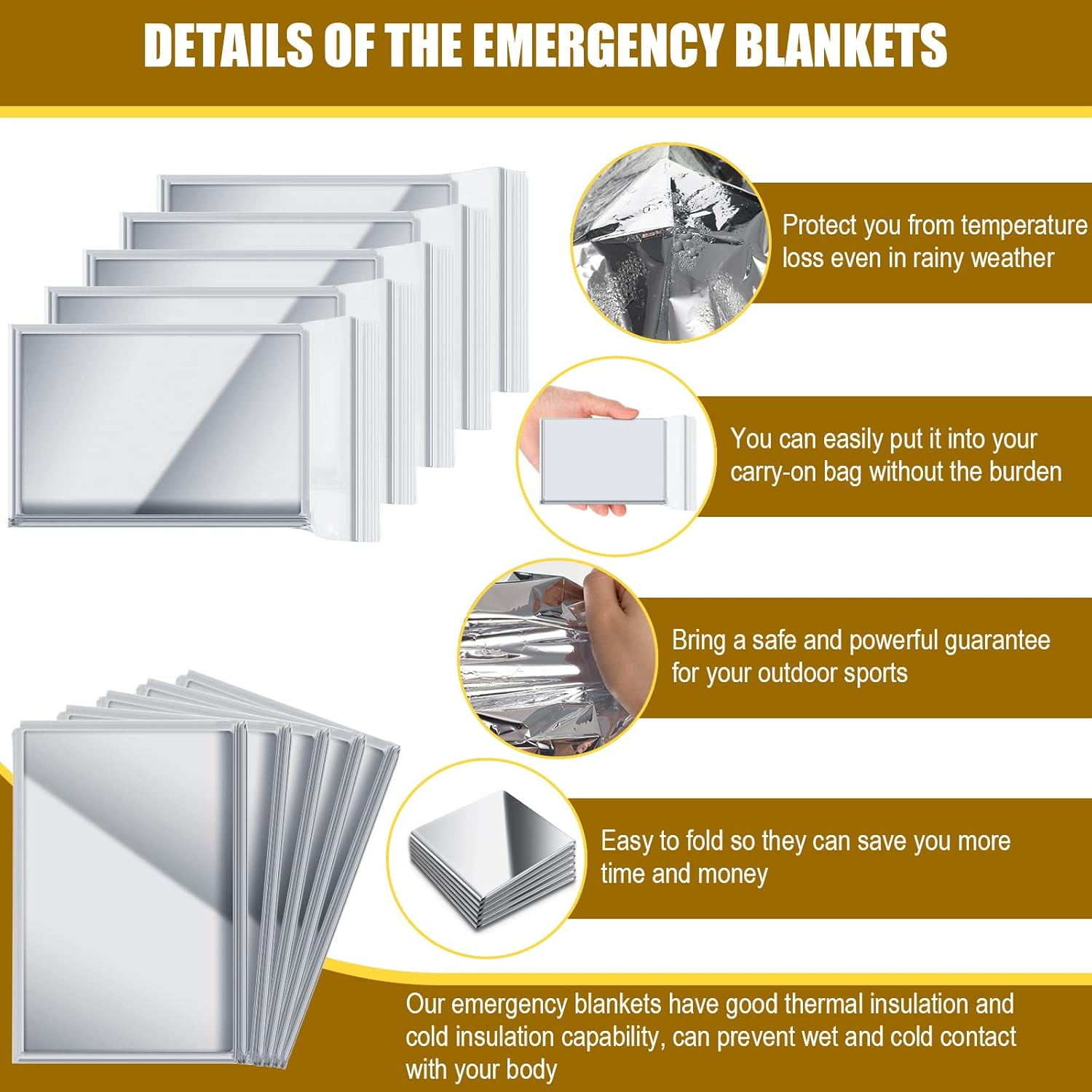 Mantas térmicas de emergencia de Mylar de papel de aluminio de emergencia, manta reflectante de supervivencia para exteriores, senderismo,