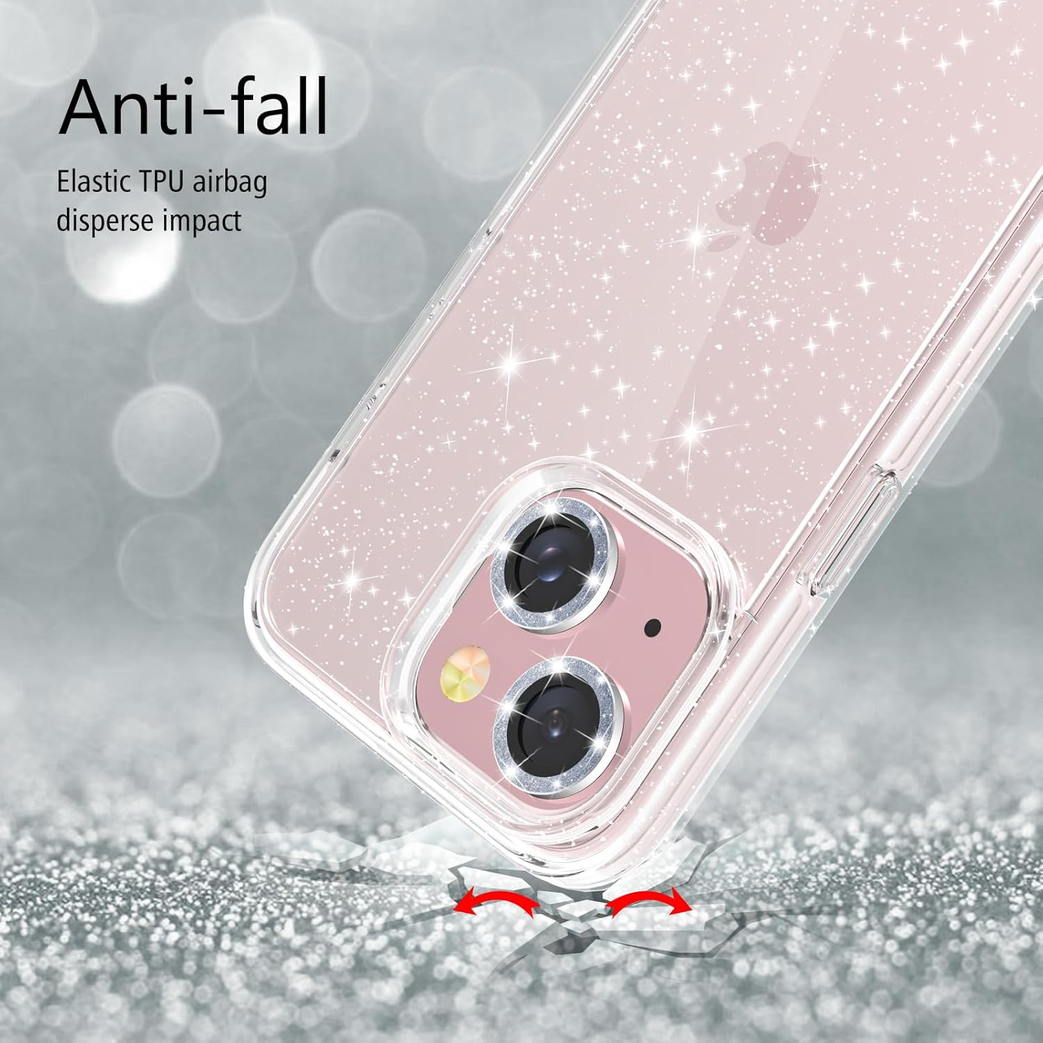 Jasmeas Funda con purpurina para iPhone 15 de 6.1 pulgadas, con 2 unidades protector de pantalla y 2 unidades protector de lente de cámara brillante
