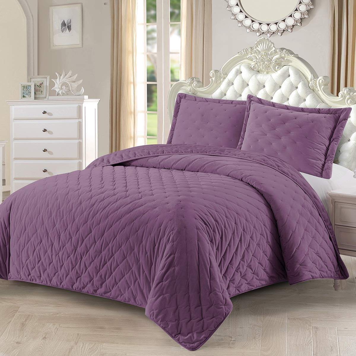 Royal Hotel Bedding Edredón de terciopelo esponjoso tamaño Queen, terciopelo morado de 92 x 96 pulgadas, juego de 3 piezas, edredón de lujo de gran