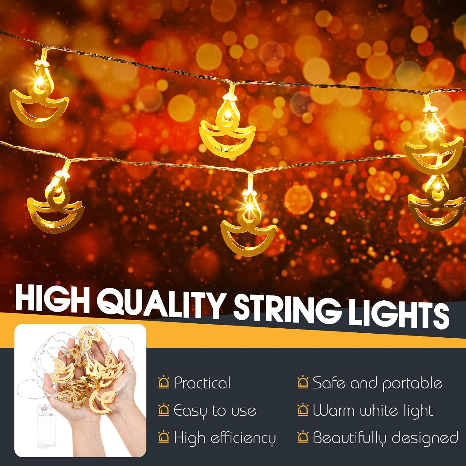 Tarpop Guirnalda de luces Diwali de 5.4 pies, luces decorativas de color blanco cálido, luces LED para festivales, luces de hadas Diya para Diwali,