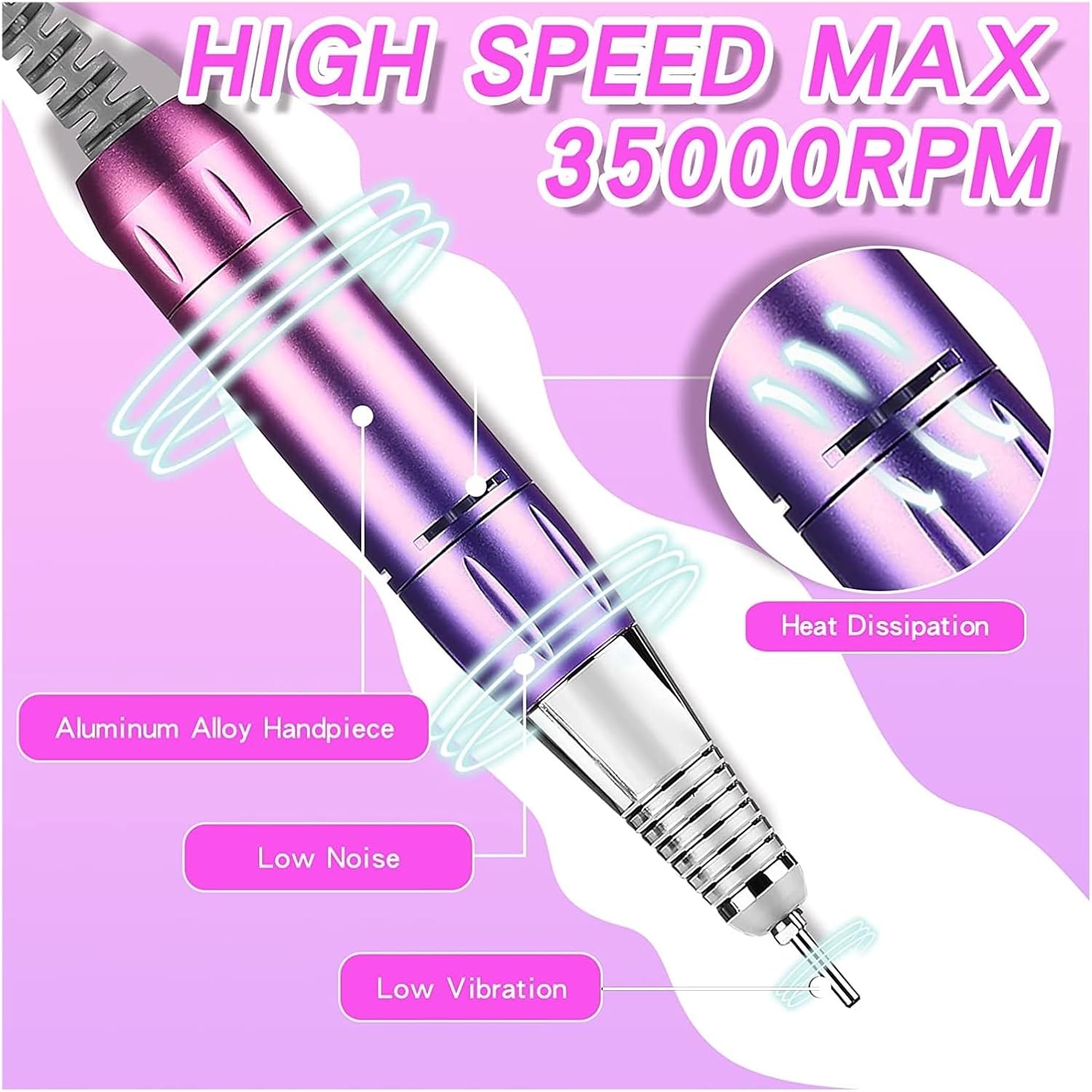 Lima de uñas eléctrica, 35000 rpm, máquina de manicura, recargable, potente lima de uñas eléctrica, motor profesional para esmalte de gel arcílico