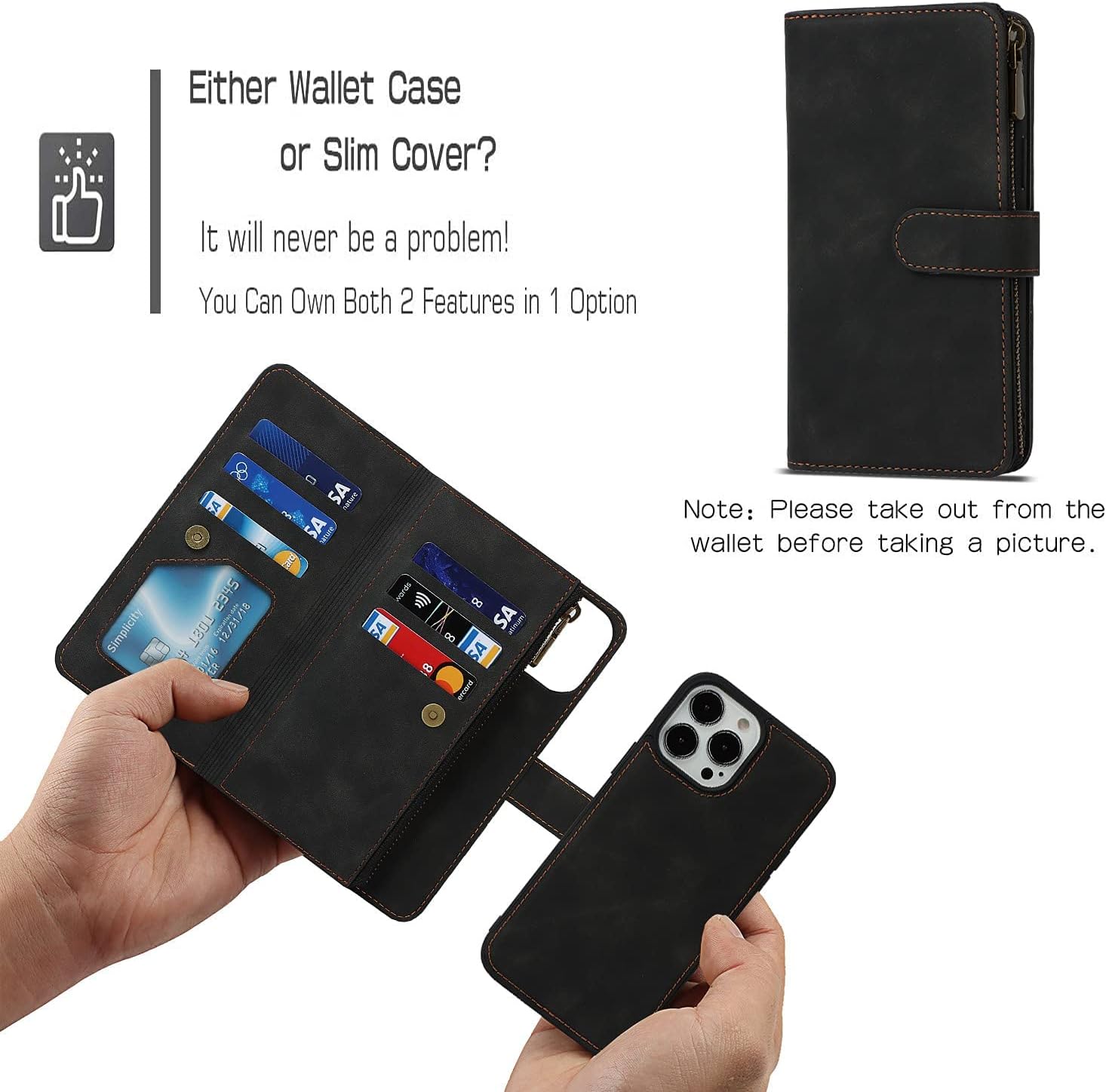 iCoverCase Funda tipo cartera para iPhone 13 Pro con tarjetero y correa para la muñeca, de piel sintética, ranuras para tarjetas, bolsillo con