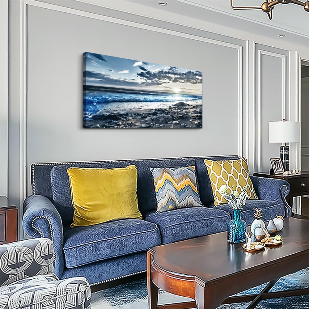 Arte de pared para sala de estar, decoración de pared para dormitorio, póster de gran tamaño, azul, playa, sol, océano, paisaje, impresiones, obras
