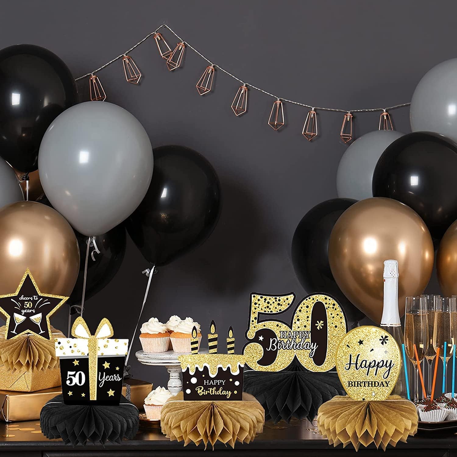 9 piezas de decoración de 50 cumpleaños para 50 años de cumpleaños centros de mesa para decoraciones de mesas, saludos a 50 de panal de abeja para