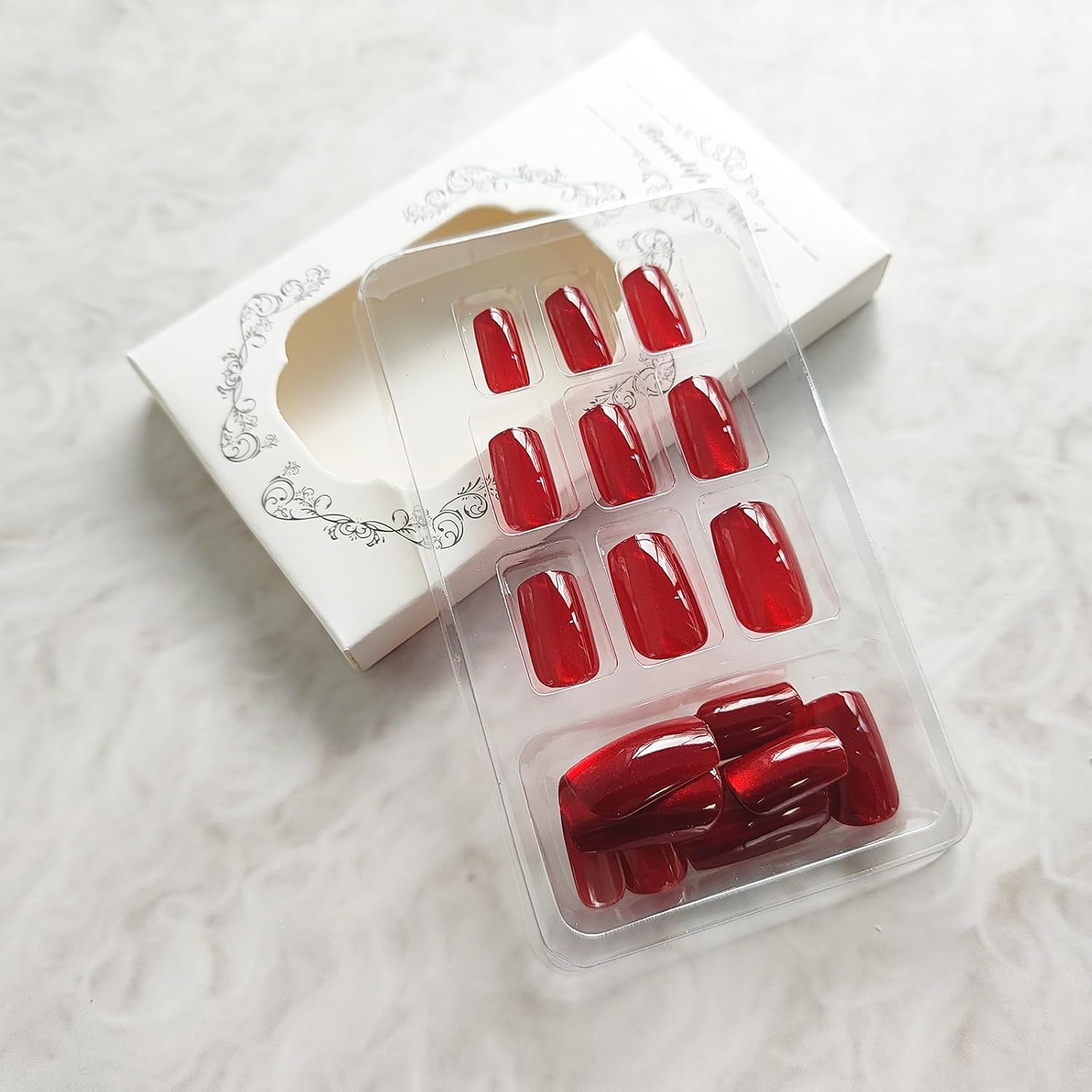 Uñas postizas a presión de ojo de gato, color rojo vino, uñas postizas cuadradas medianas con diseño degradado, uñas acrílicas brillantes de